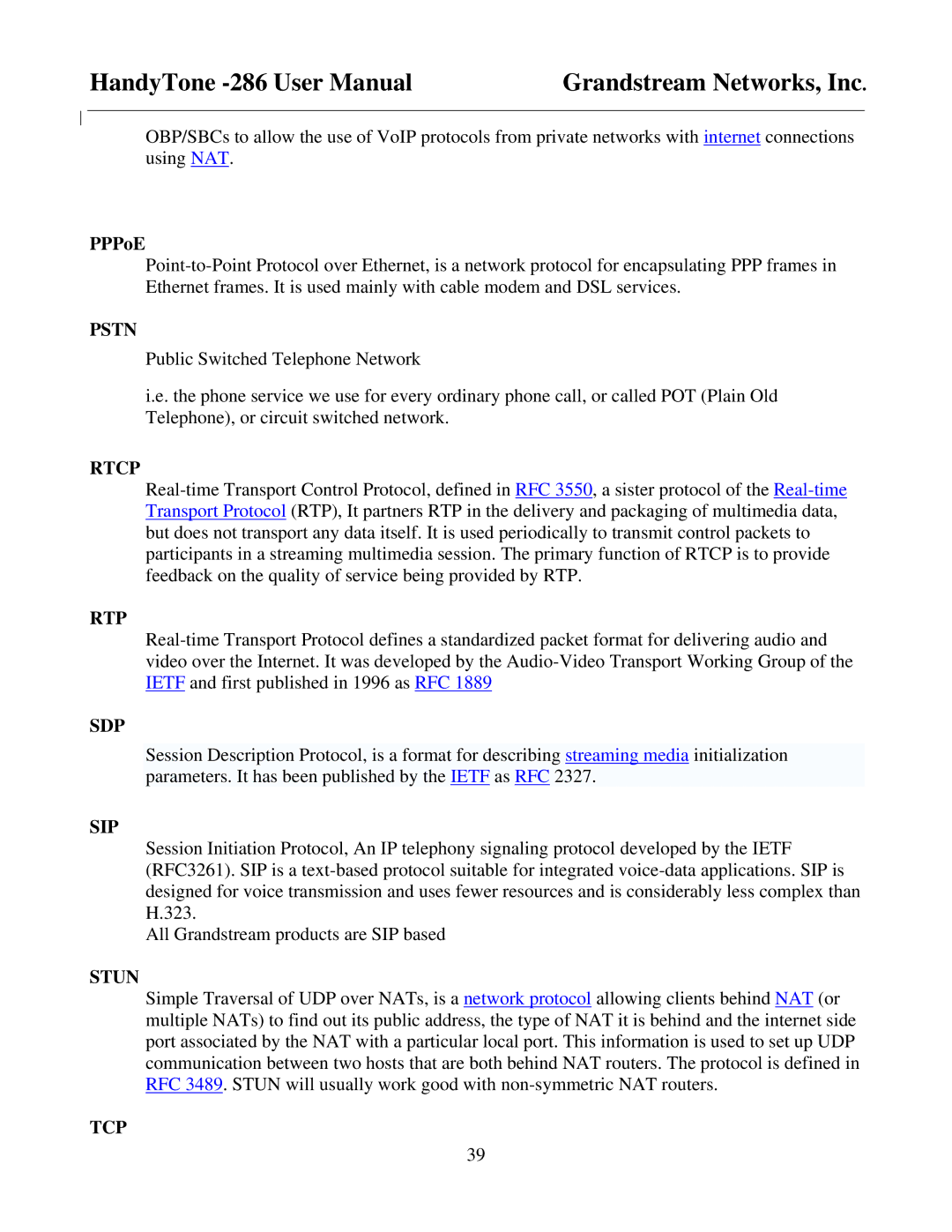 Grandstream Networks HandyTone-286 user manual Pstn, Rtcp, Rtp, Sdp, Sip, Stun, Tcp 