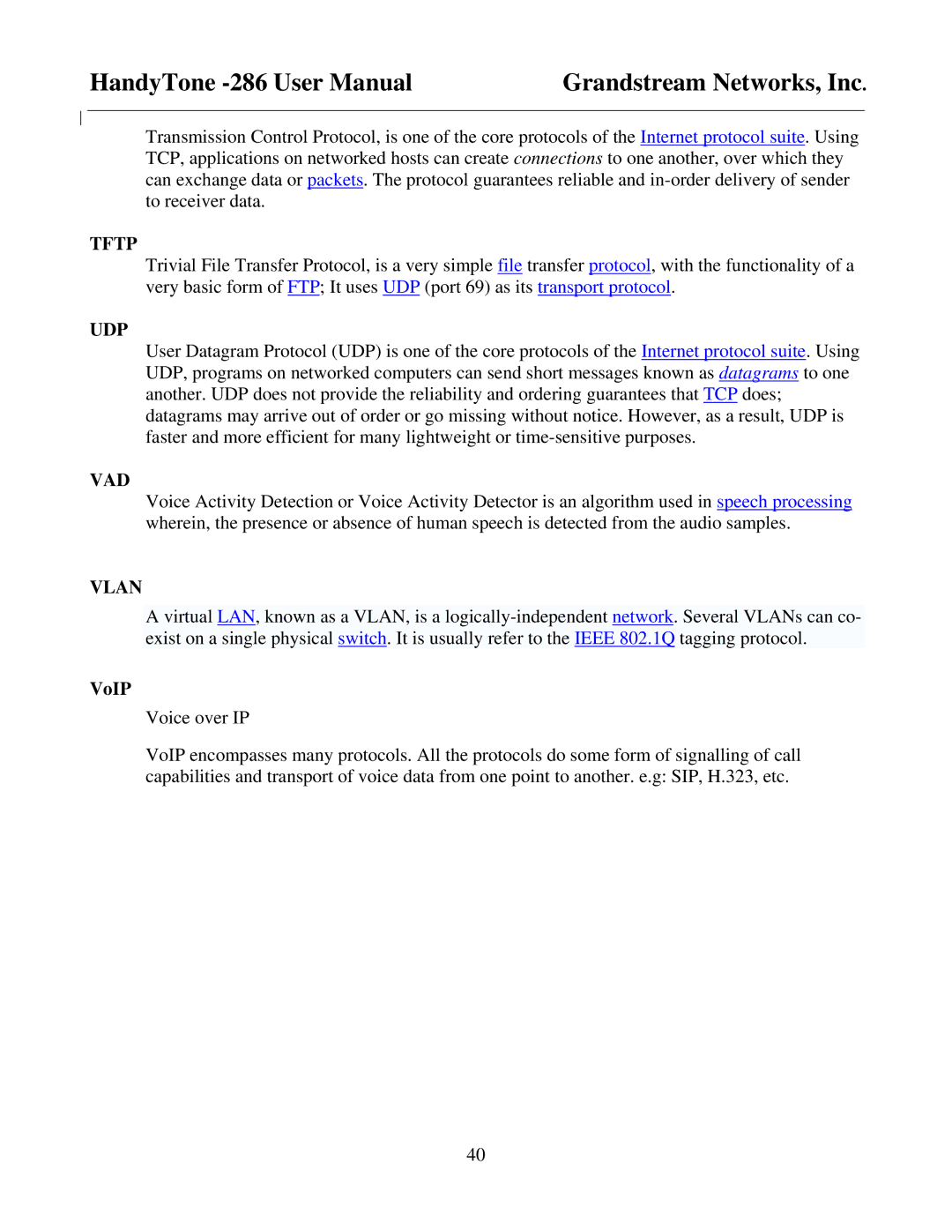 Grandstream Networks HandyTone-286 user manual Tftp, Udp, Vad, Vlan, VoIP 