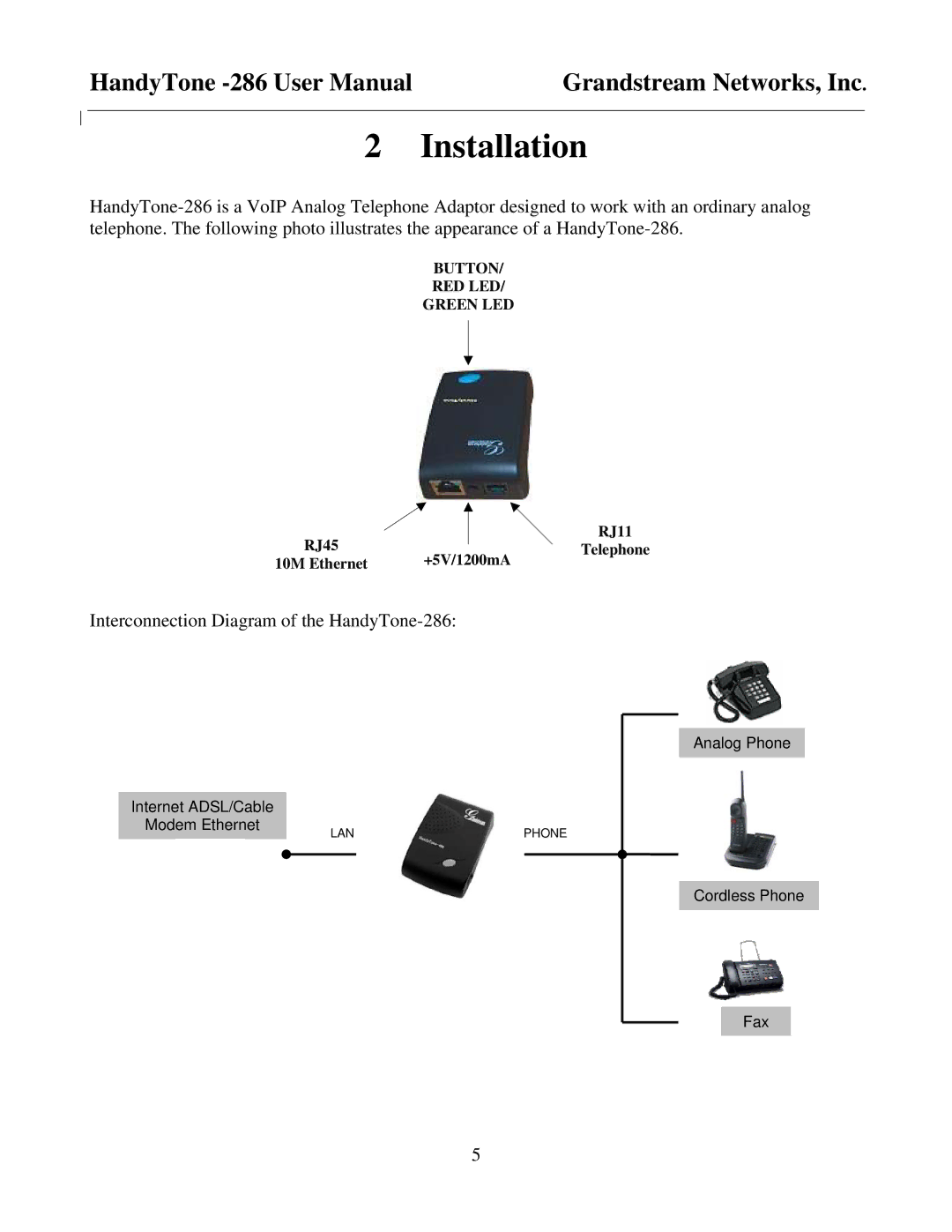 Grandstream Networks HandyTone-286 user manual Installation 