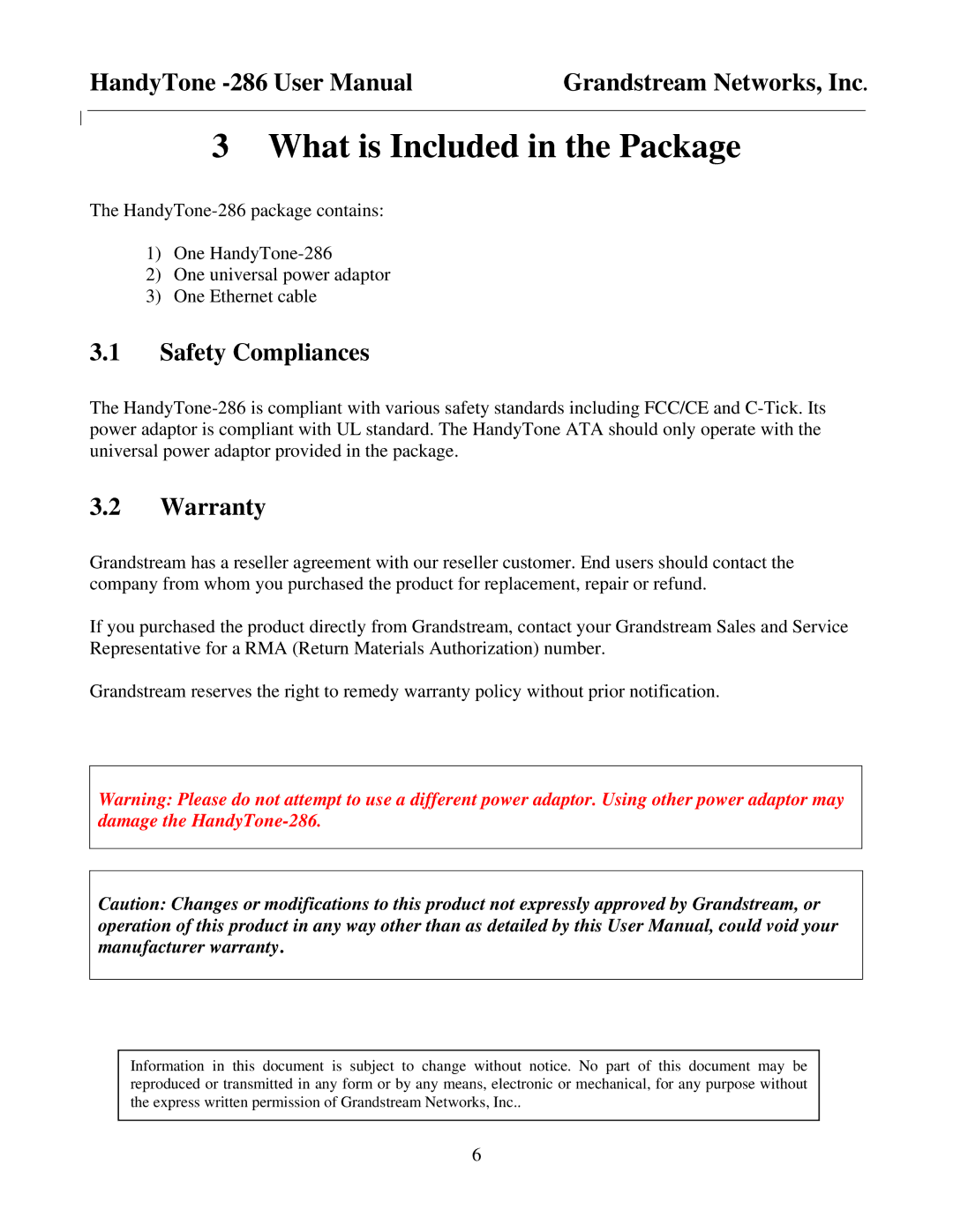 Grandstream Networks HandyTone-286 user manual What is Included in the Package, Safety Compliances, Warranty 