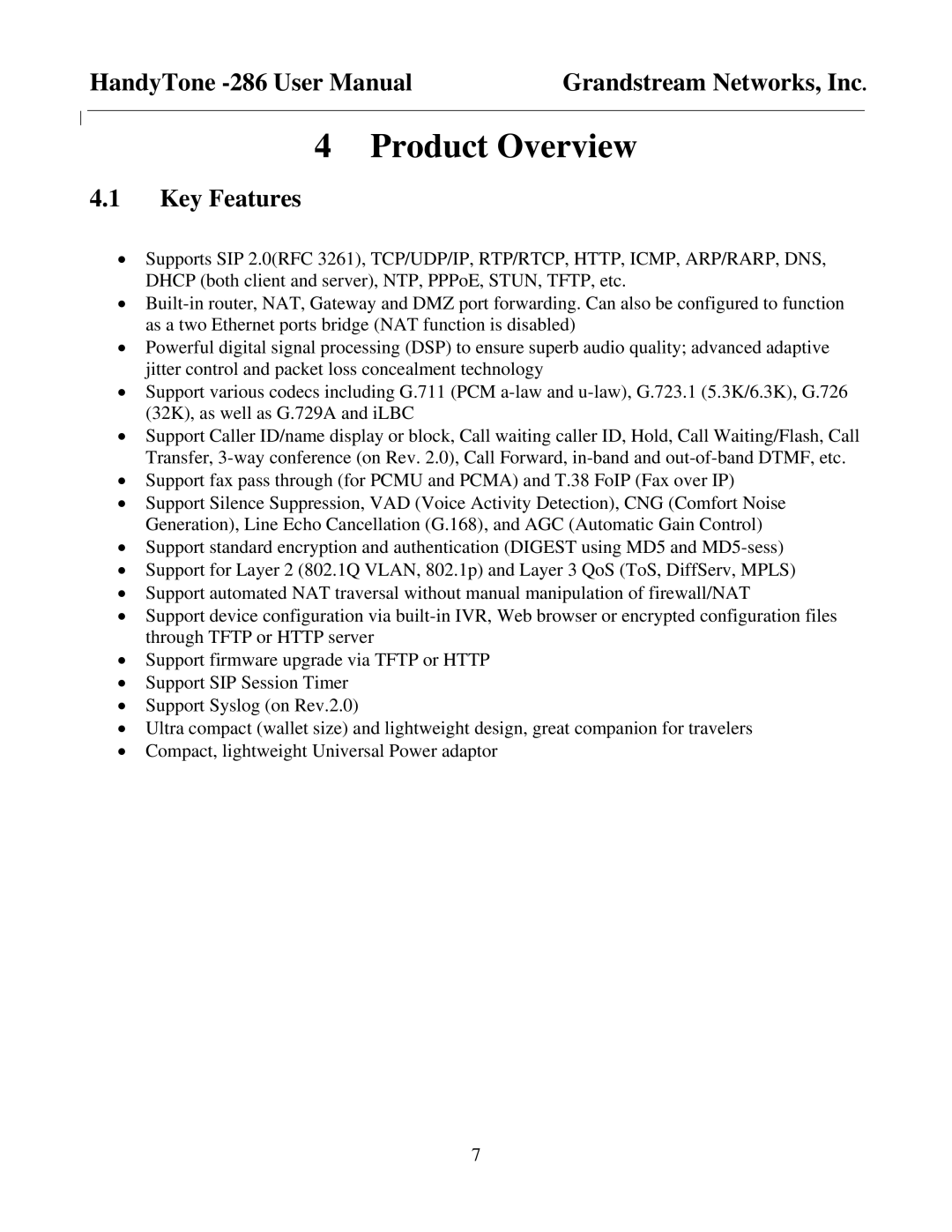 Grandstream Networks HandyTone-286 user manual Product Overview, Key Features 