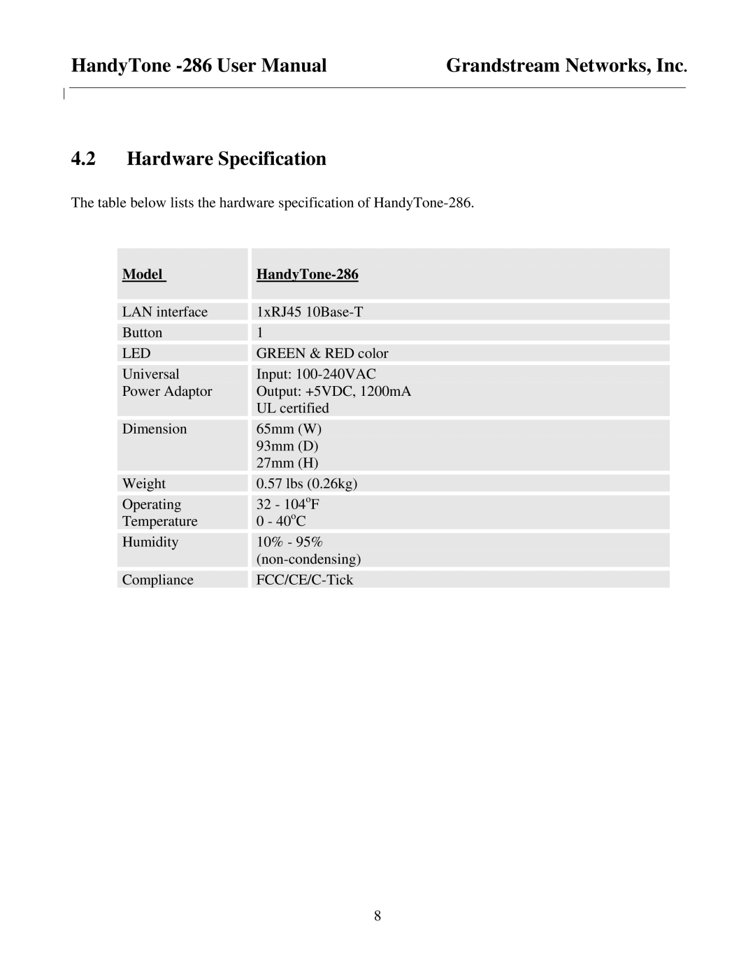 Grandstream Networks user manual Hardware Specification, Model HandyTone-286 