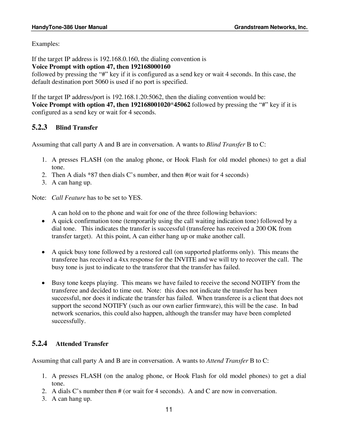 Grandstream Networks HandyTone-386 user manual Voice Prompt with option 47, then, Attended Transfer 