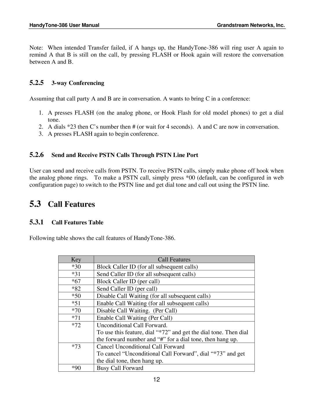 Grandstream Networks HandyTone-386 Call Features, 5 3-way Conferencing, Send and Receive Pstn Calls Through Pstn Line Port 