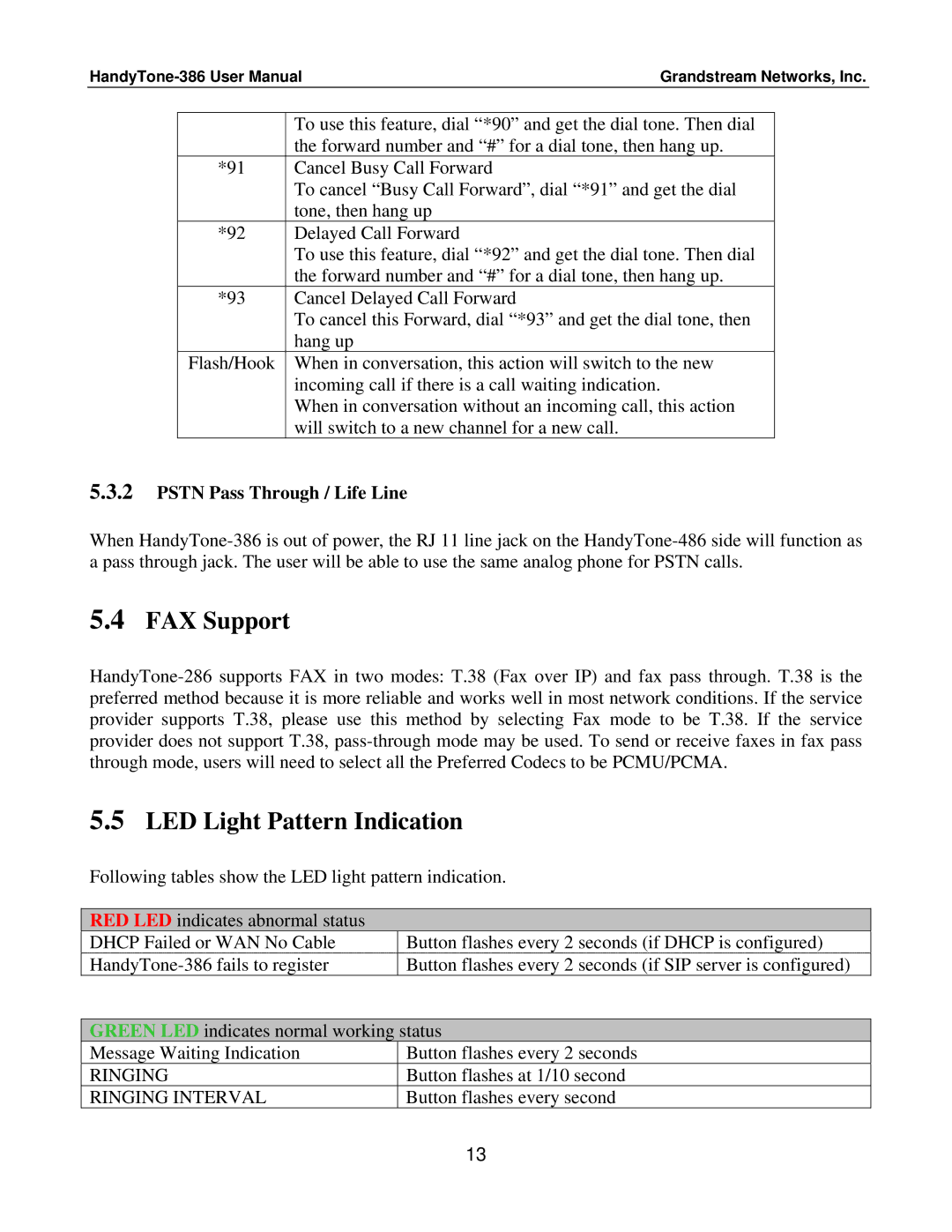 Grandstream Networks HandyTone-386 user manual FAX Support, LED Light Pattern Indication, Pstn Pass Through / Life Line 