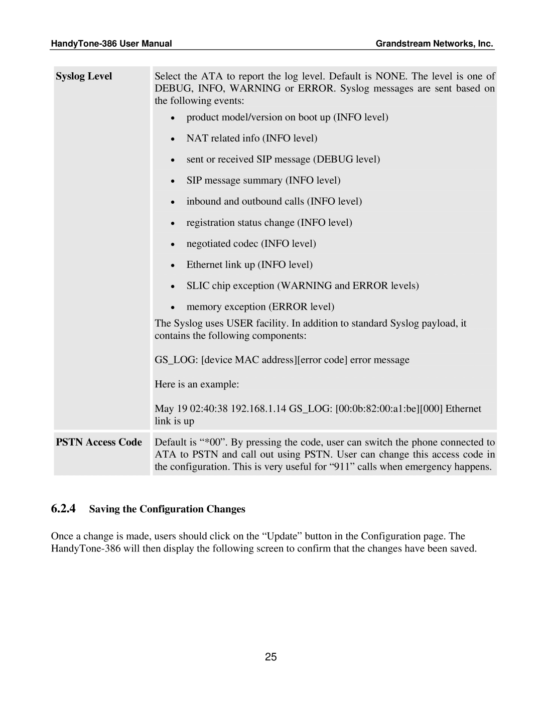 Grandstream Networks HandyTone-386 user manual Syslog Level Pstn Access Code, Saving the Configuration Changes 