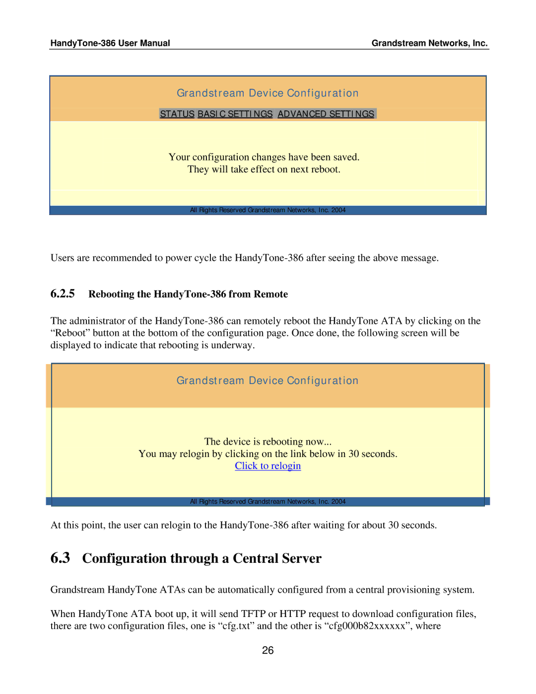 Grandstream Networks user manual Configuration through a Central Server, Rebooting the HandyTone-386 from Remote 