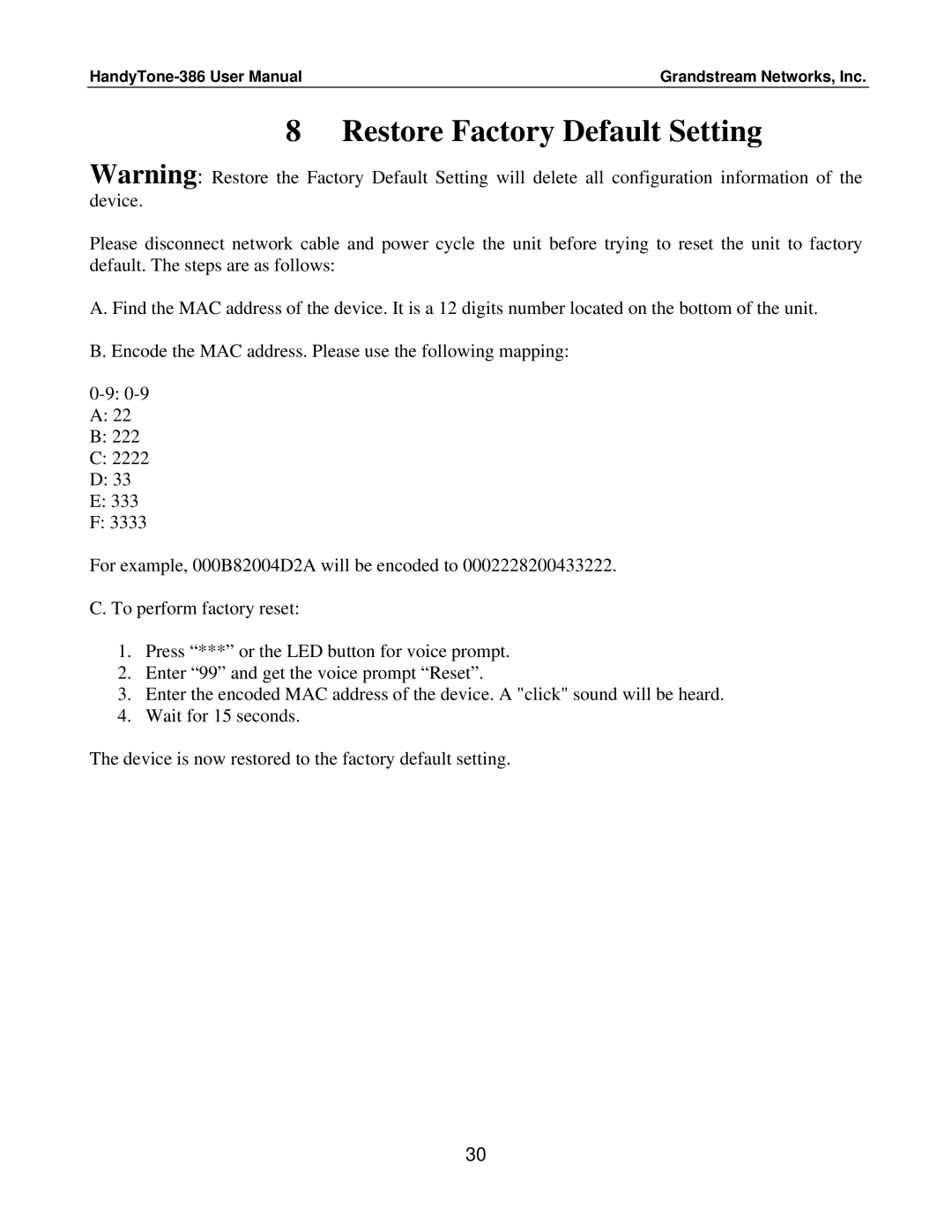 Grandstream Networks HandyTone-386 user manual Restore Factory Default Setting 