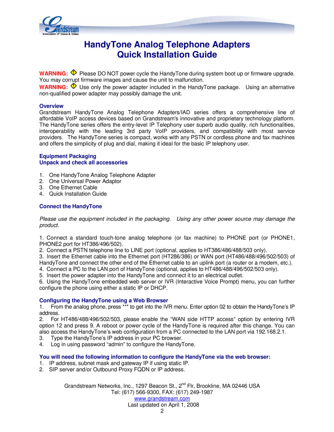 Grandstream Networks HANDYTONE 486, HANDYTONE 503 manual HandyTone Analog Telephone Adapters Quick Installation Guide 