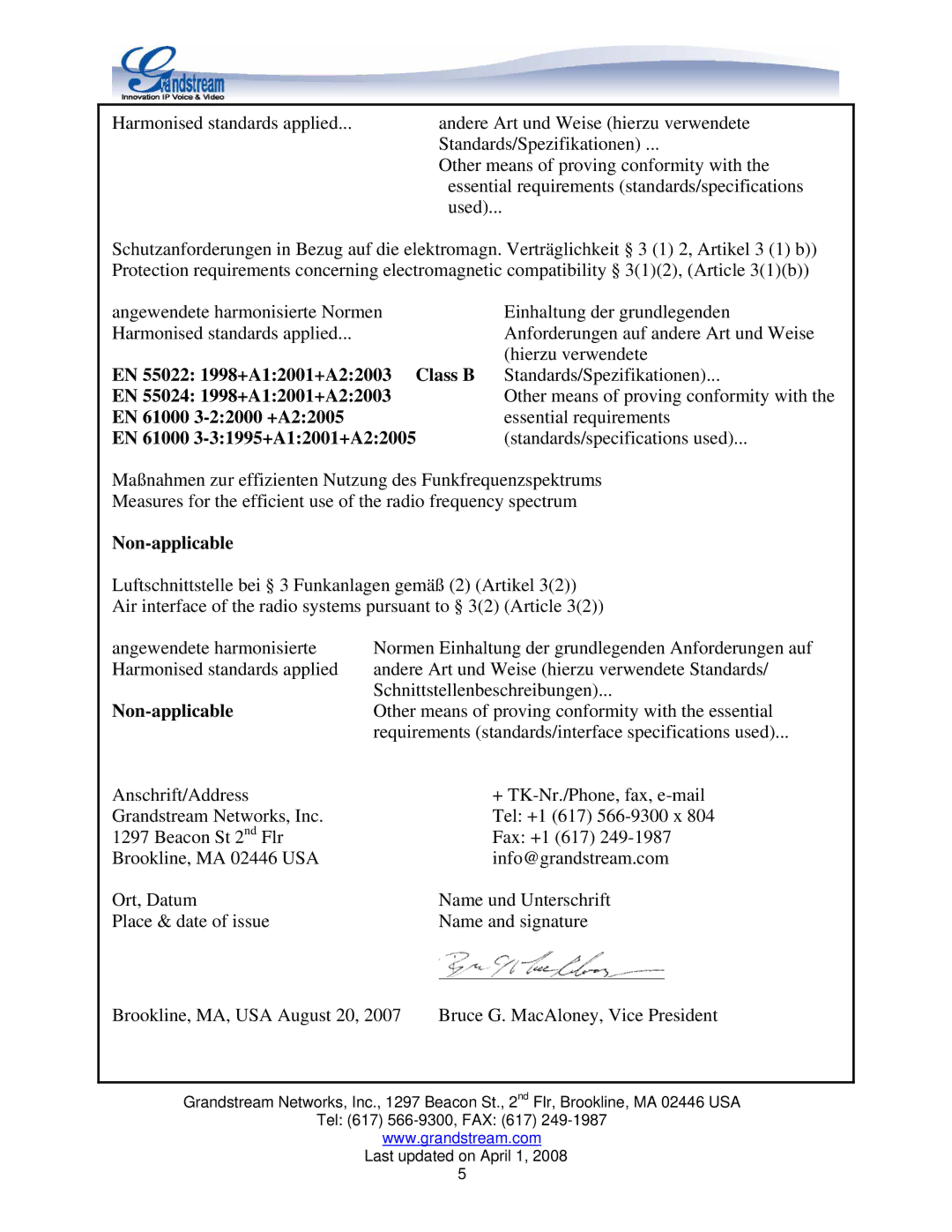 Grandstream Networks HANDYTONE 486 manual EN 55022 1998+A12001+A22003 Class B, EN 55024 1998+A12001+A22003, Non-applicable 