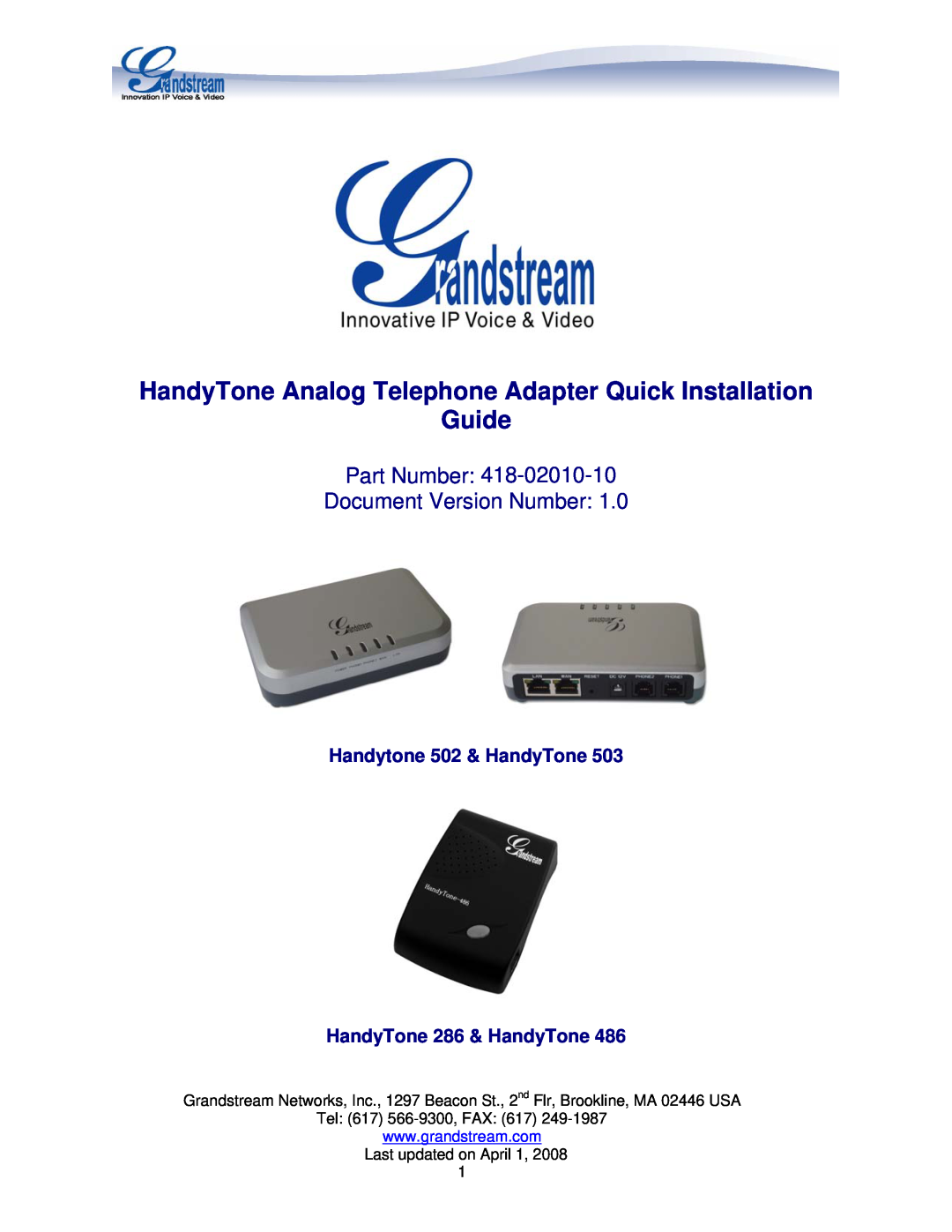 Grandstream Networks HANDYTONE  286, HANDYTONE 503 manual HandyTone Analog Telephone Adapter Quick Installation Guide 