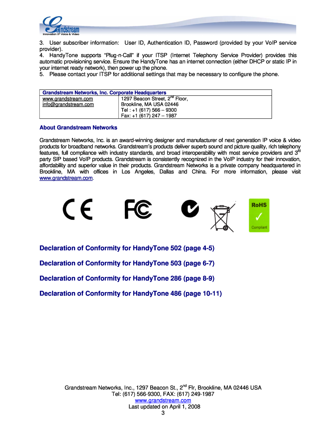 Grandstream Networks HANDYTONE 503 manual Declaration of Conformity for HandyTone 502 page, About Grandstream Networks 