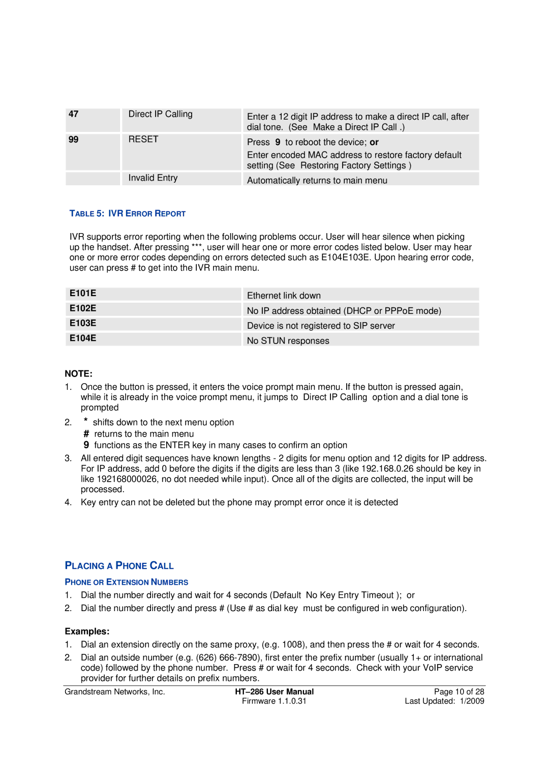 Grandstream Networks HT-286 user manual E101E E102E E103E E104E, Examples 