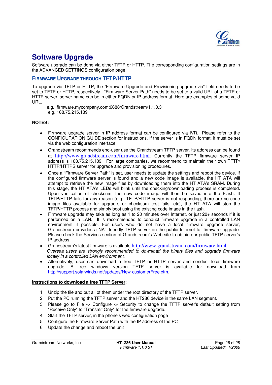 Grandstream Networks HT-286 user manual Software Upgrade, Instructions to download a free Tftp Server 