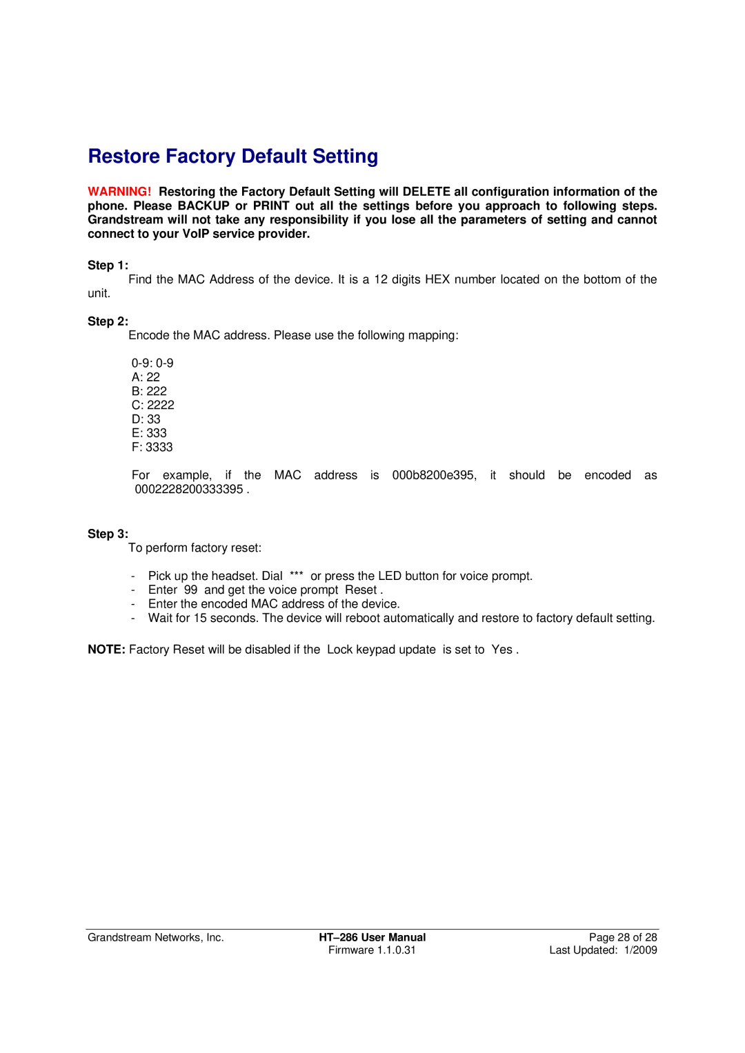 Grandstream Networks HT-286 user manual Restore Factory Default Setting, Step 