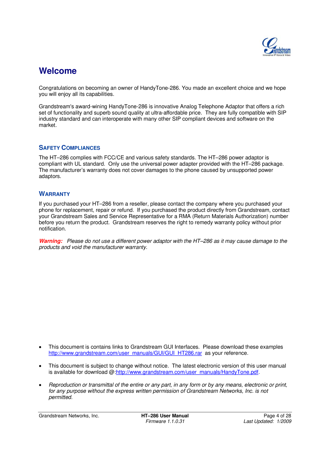 Grandstream Networks HT-286 user manual Welcome 