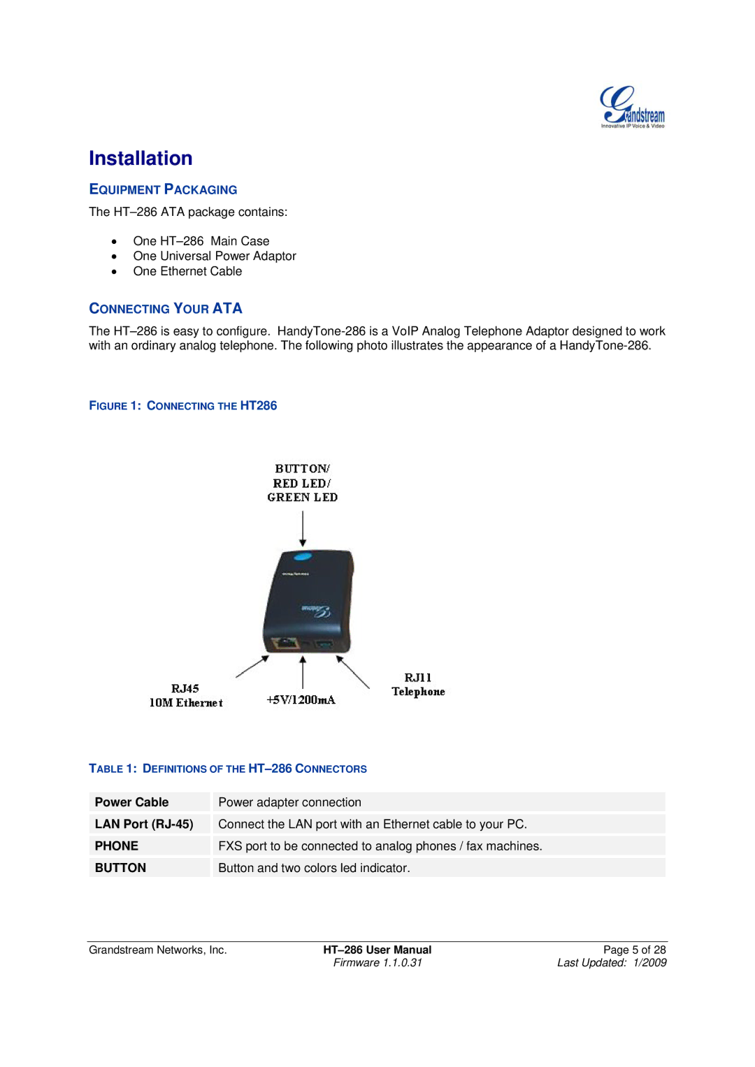 Grandstream Networks HT-286 user manual Installation, FXS port to be connected to analog phones / fax machines 