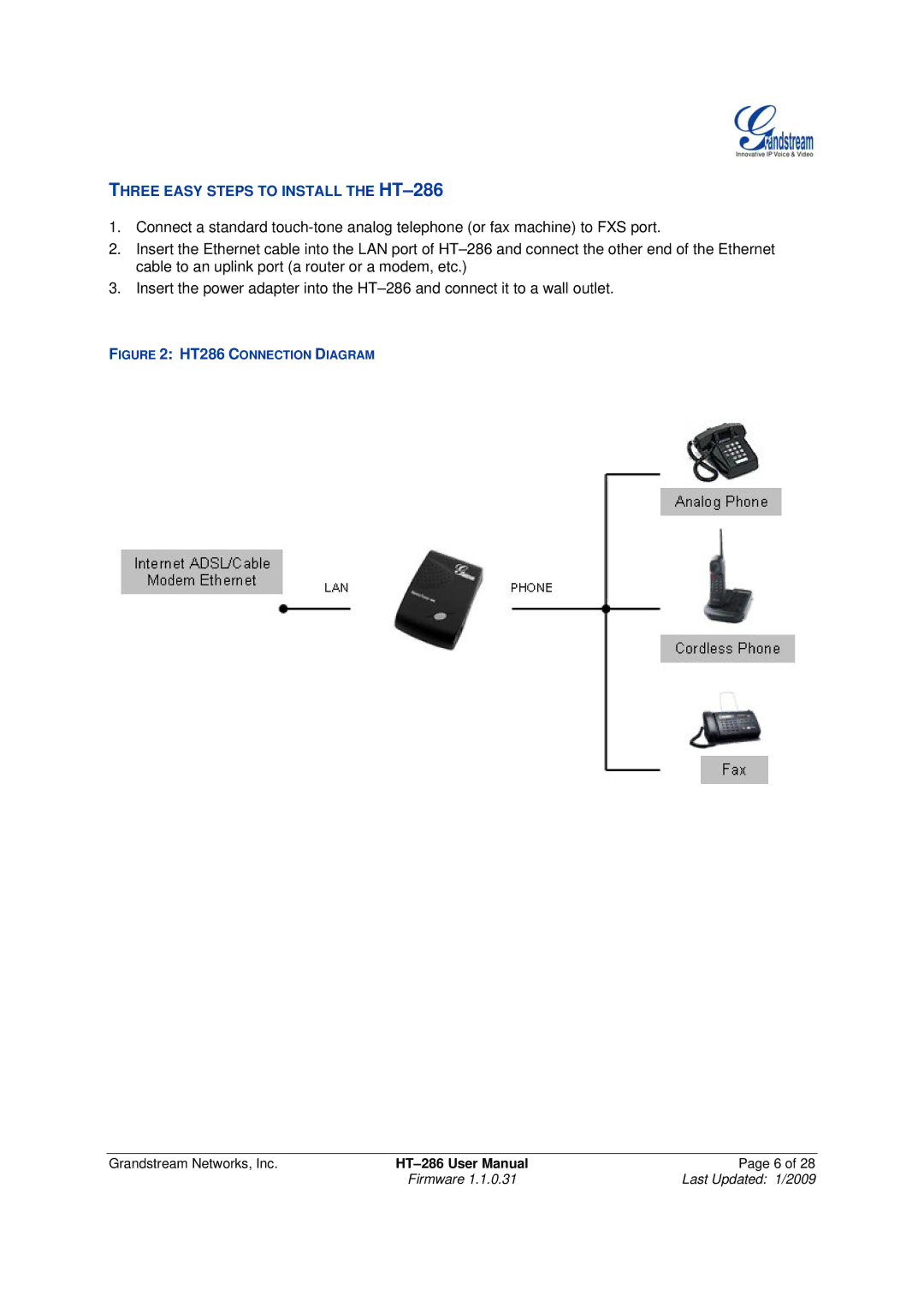 Grandstream Networks user manual Three Easy Steps to Install the HT-286 