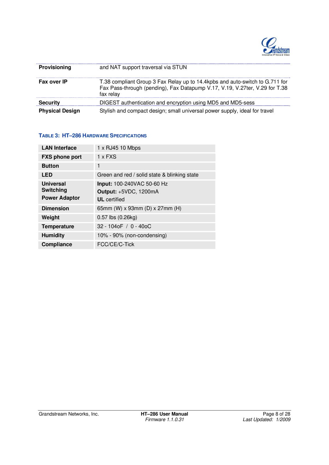 Grandstream Networks HT-286 Provisioning, Fax over IP, Security, Physical Design, LAN Interface FXS phone port Button 