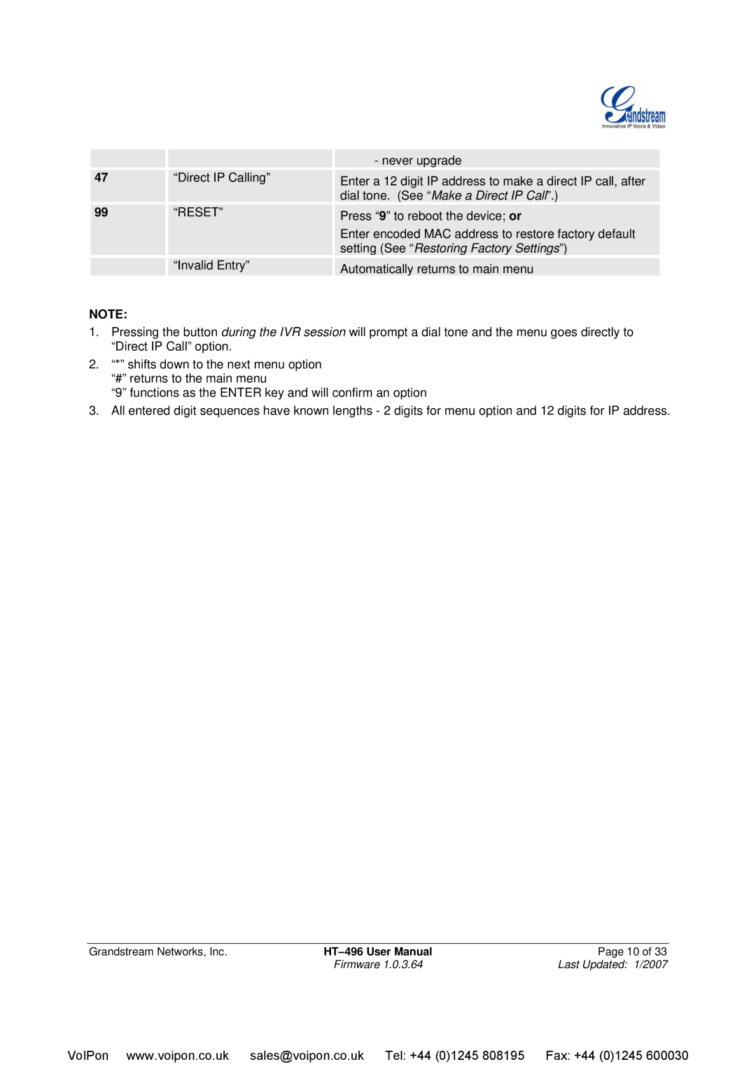 Grandstream Networks HT-496 user manual Reset 