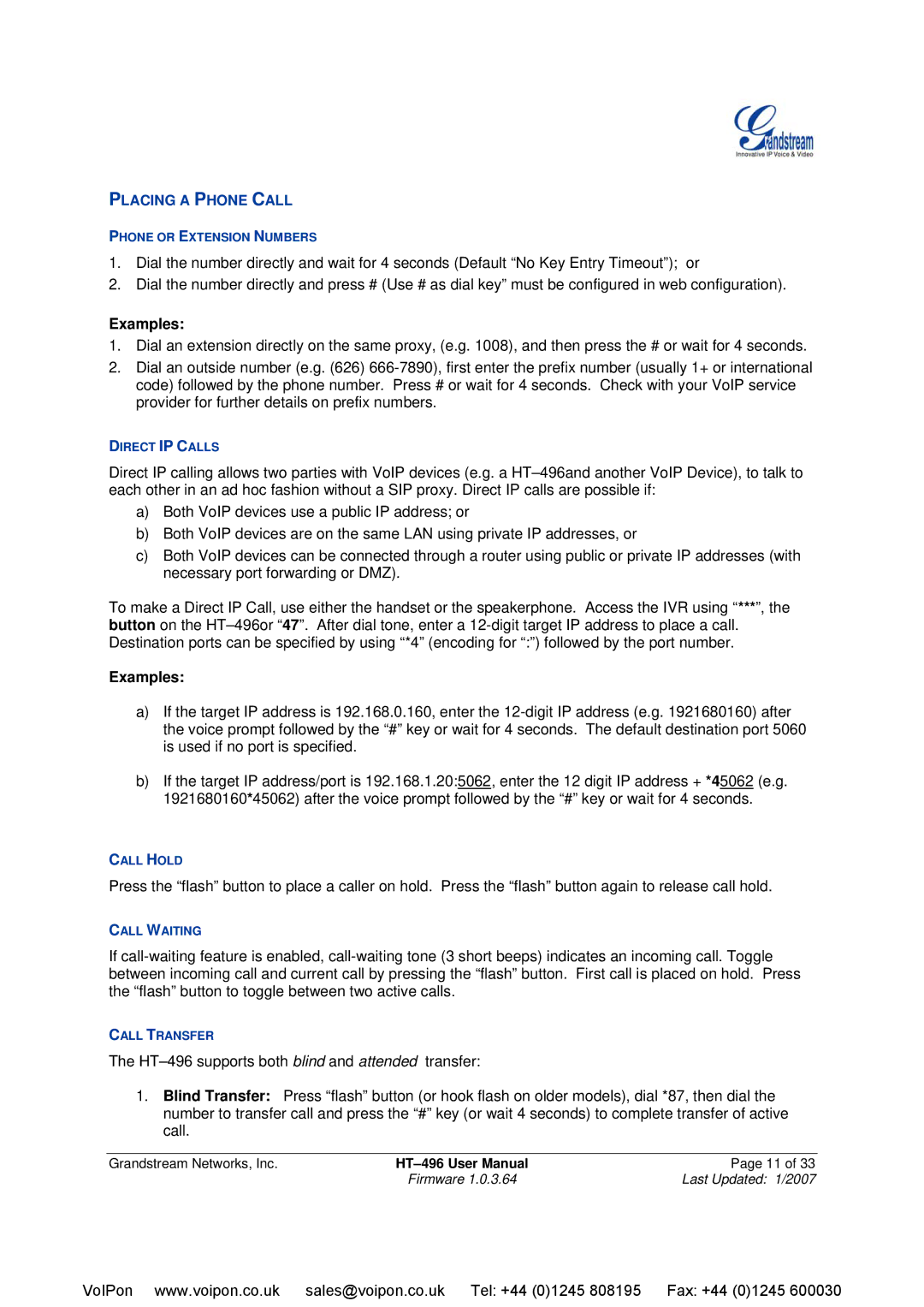 Grandstream Networks HT-496 user manual Examples 