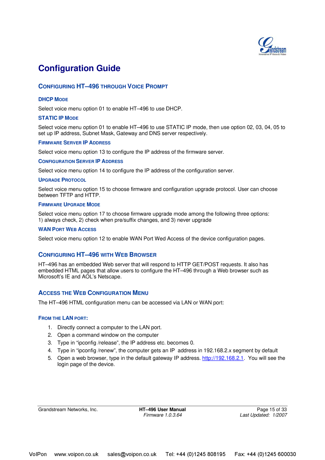 Grandstream Networks HT-496 user manual Configuration Guide, Static IP Mode 