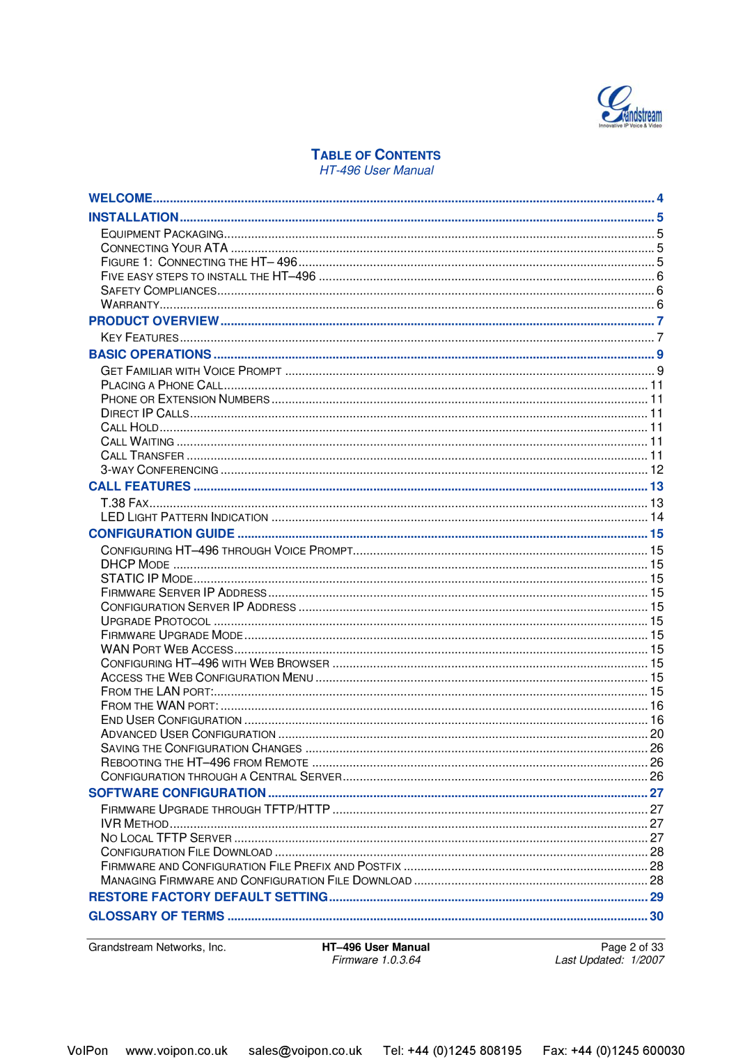 Grandstream Networks HT-496 user manual Table of Contents 