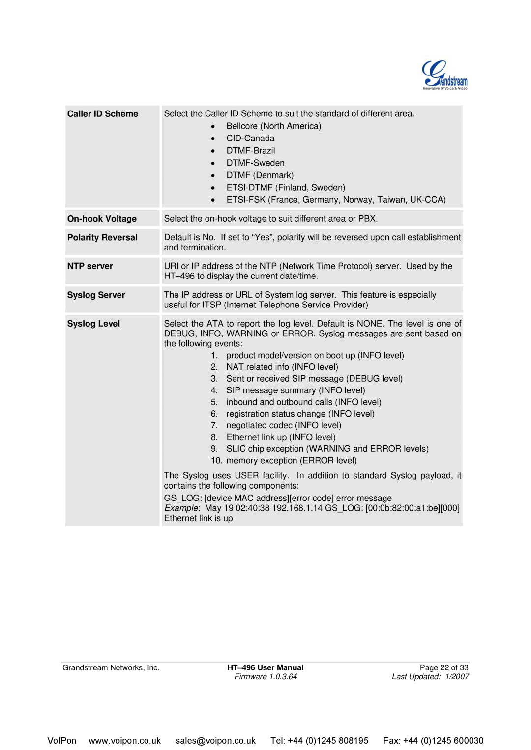 Grandstream Networks HT-496 Caller ID Scheme, On-hook Voltage, Polarity Reversal, NTP server, Syslog Server, Syslog Level 