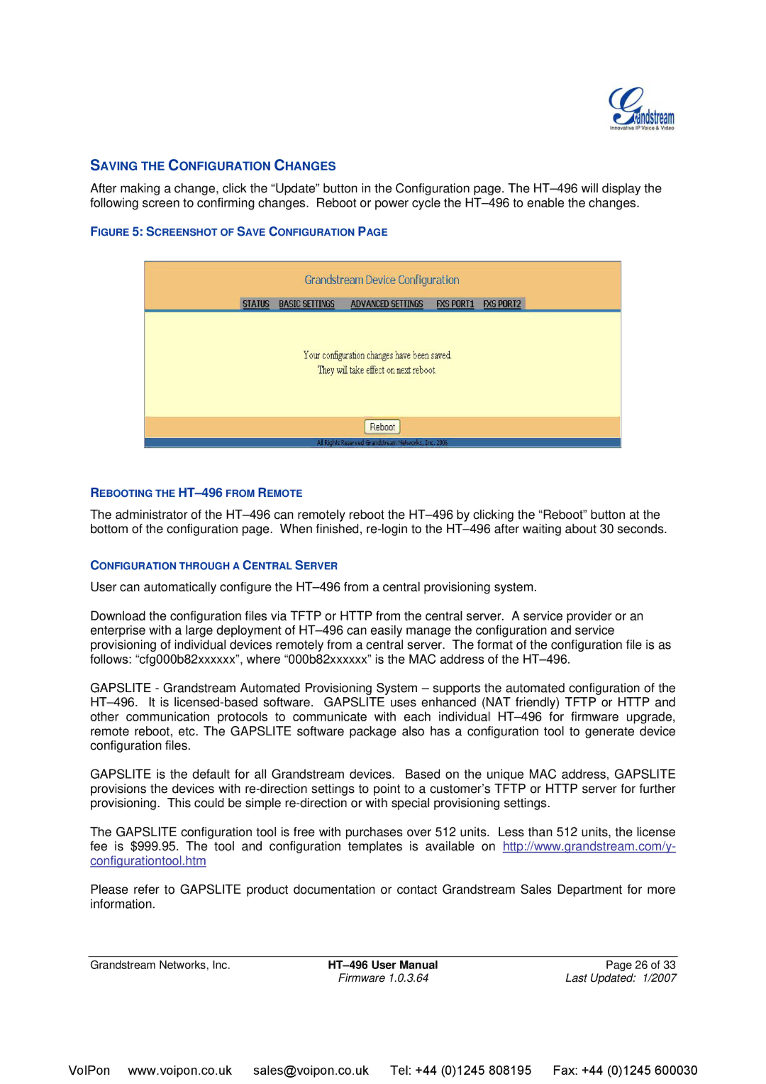 Grandstream Networks HT-496 user manual Saving the Configuration Changes 