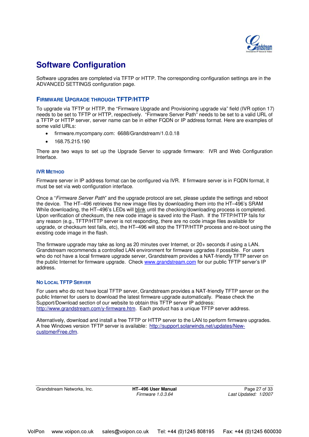 Grandstream Networks HT-496 user manual Software Configuration, IVR Method 