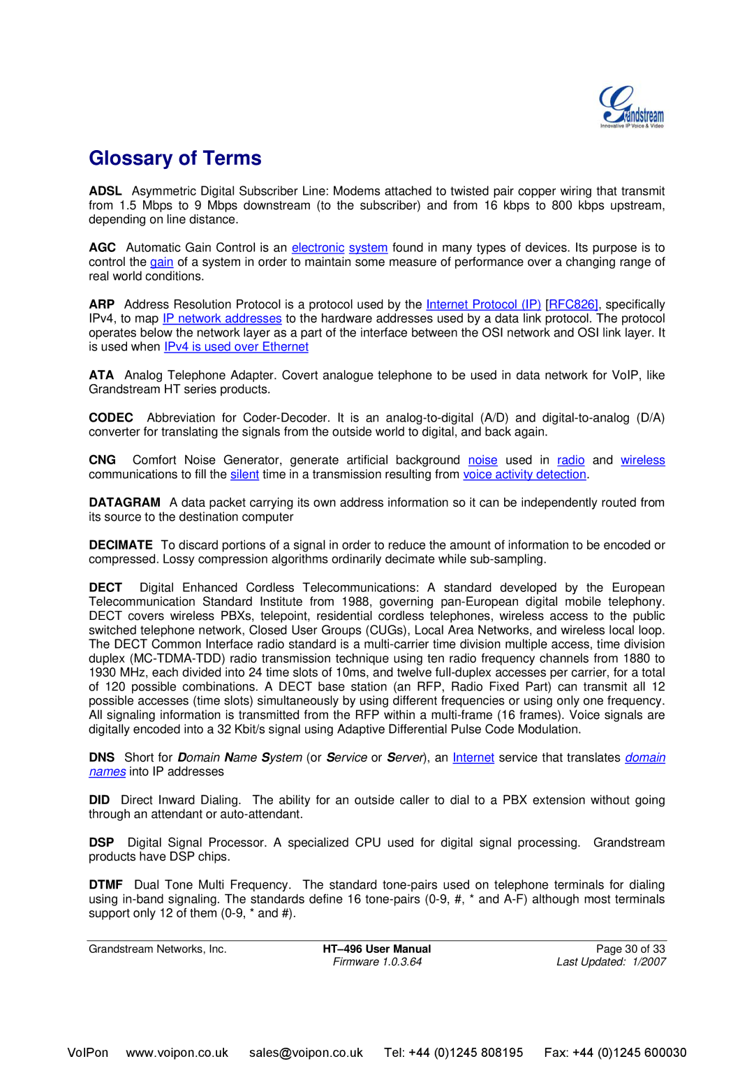 Grandstream Networks HT-496 user manual Glossary of Terms 