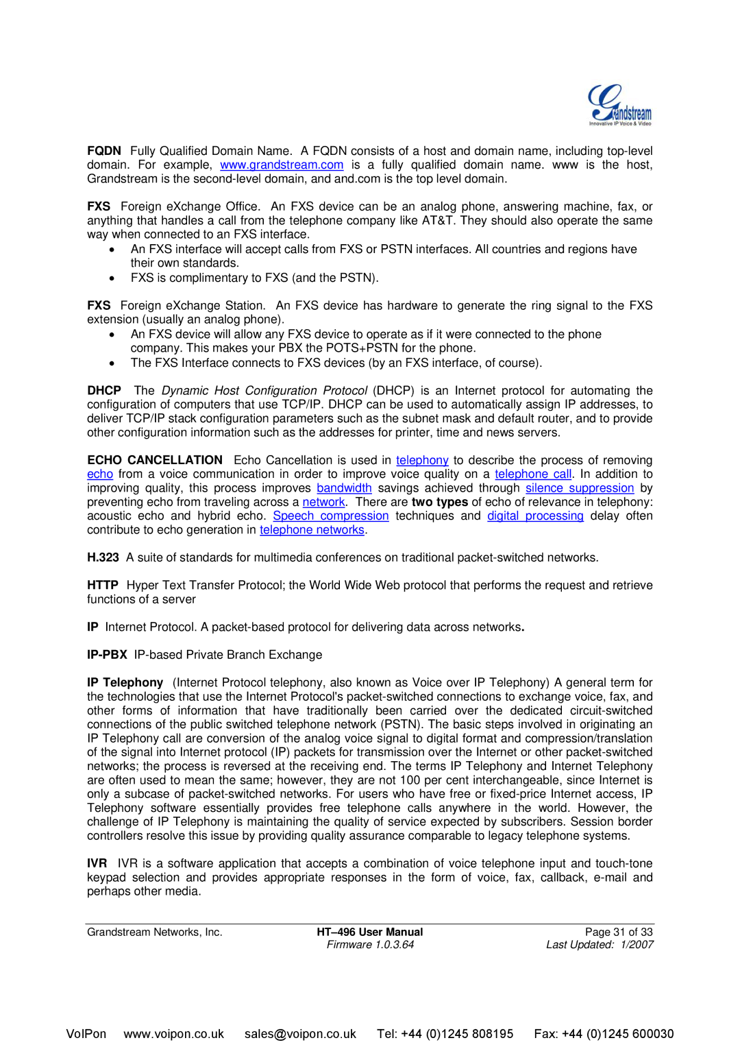 Grandstream Networks HT-496 user manual Sales@voipon.co.uk Tel +44 01245 808195 Fax +44 01245 