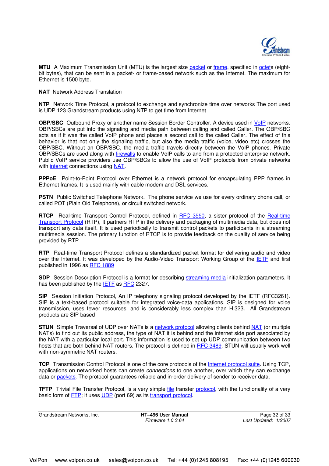 Grandstream Networks HT-496 user manual Sales@voipon.co.uk Tel +44 01245 808195 Fax +44 01245 