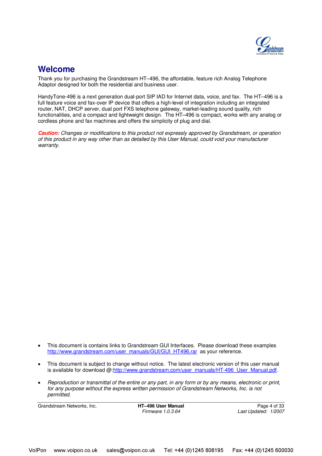 Grandstream Networks HT-496 user manual Welcome 