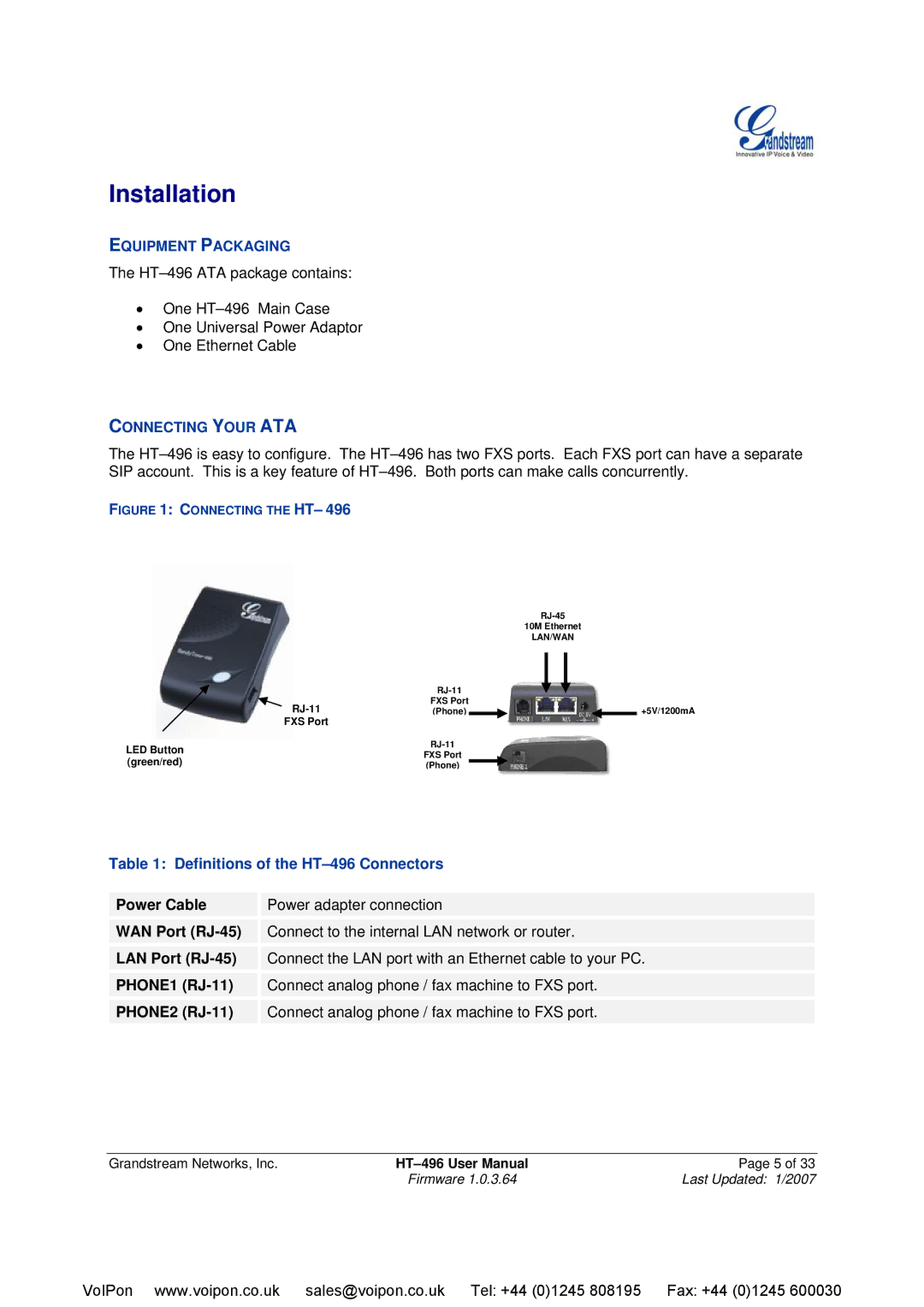 Grandstream Networks user manual Installation, Definitions of the HT-496 Connectors 