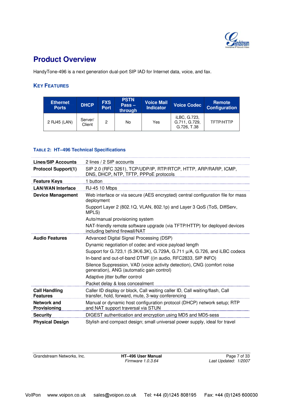 Grandstream Networks user manual Product Overview, Able 2 HT-496 Technical Specifications 