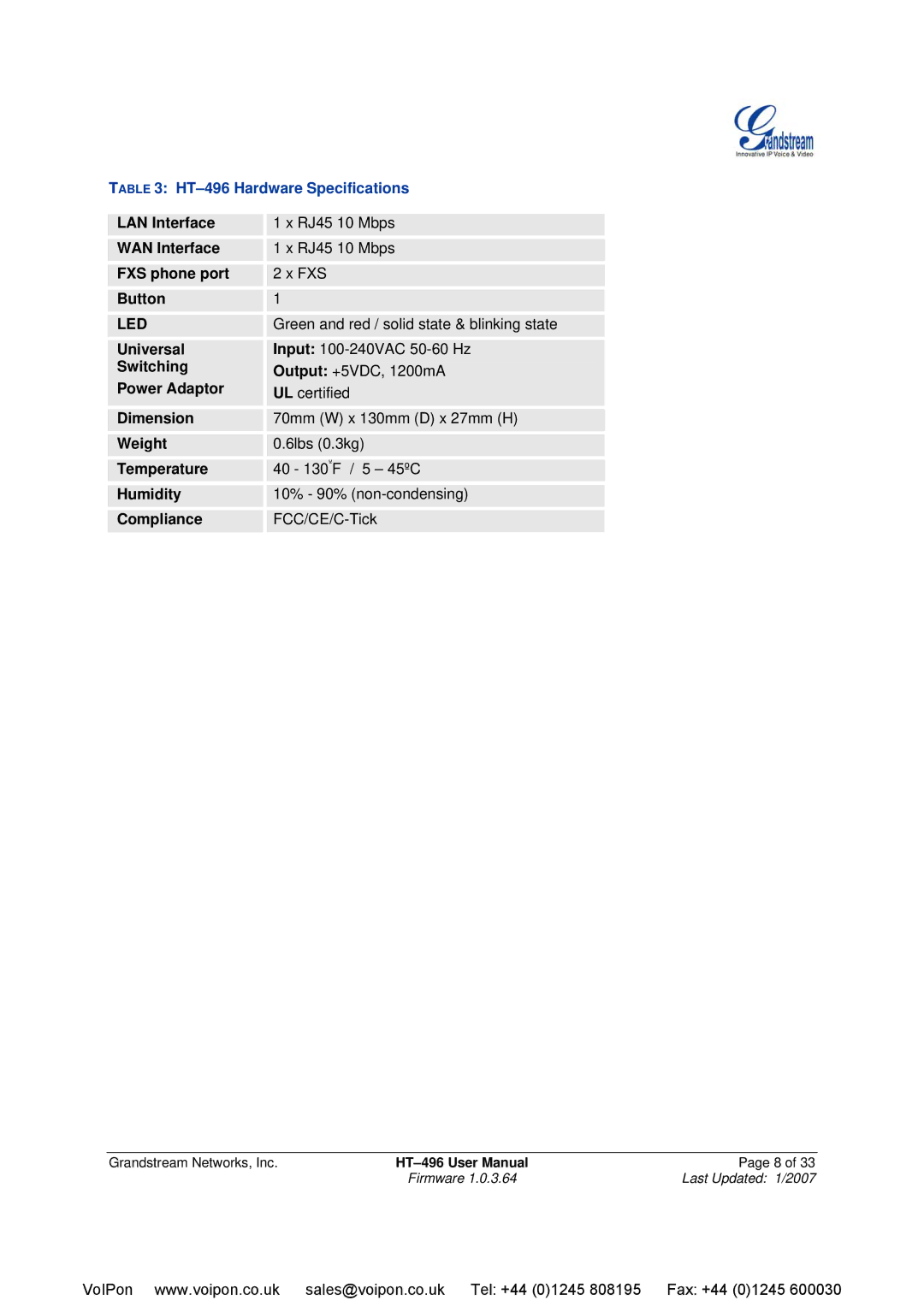 Grandstream Networks user manual HT-496 Hardware Specifications 