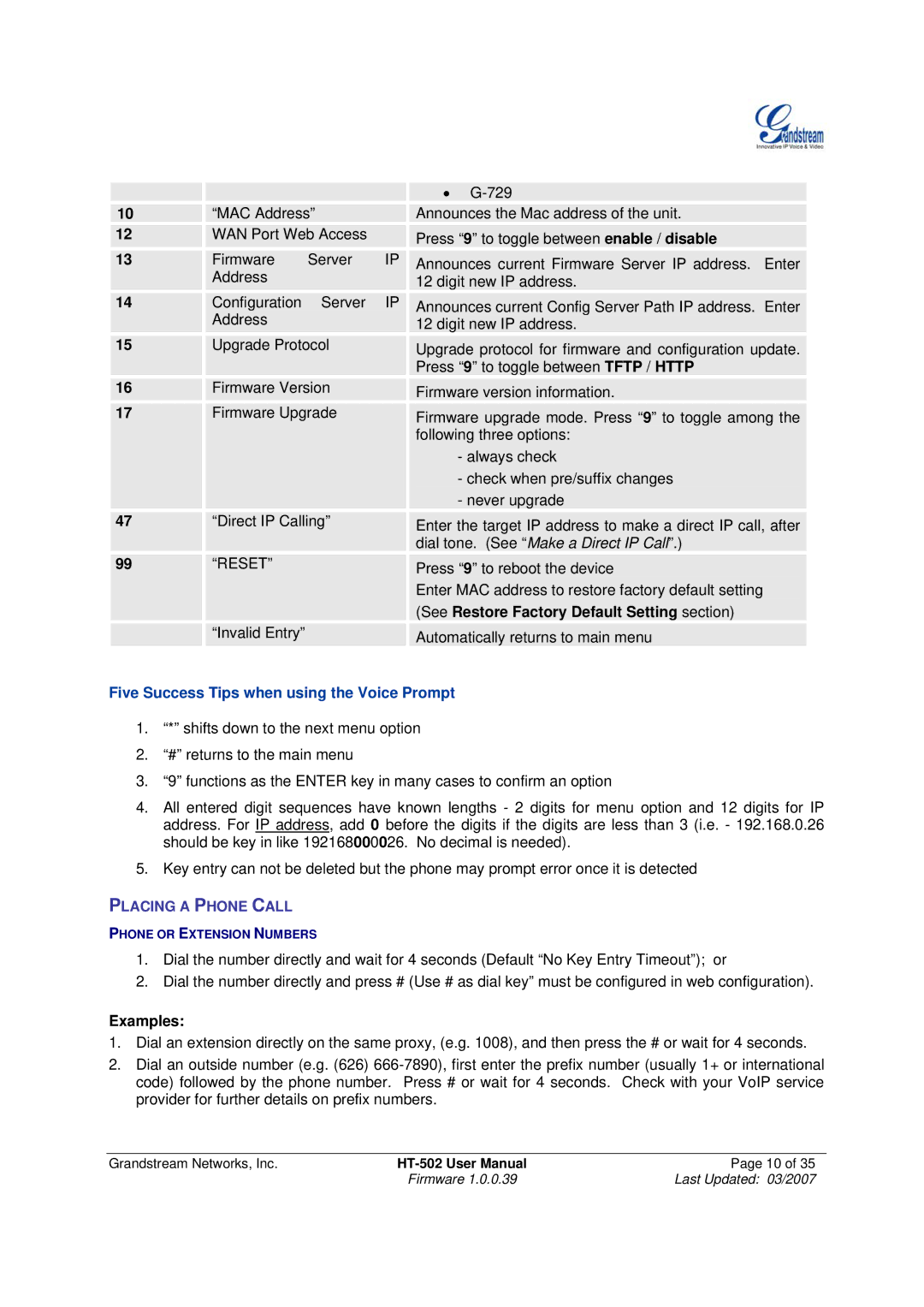 Grandstream Networks HT-502 user manual See Restore Factory Default Setting section, Examples 