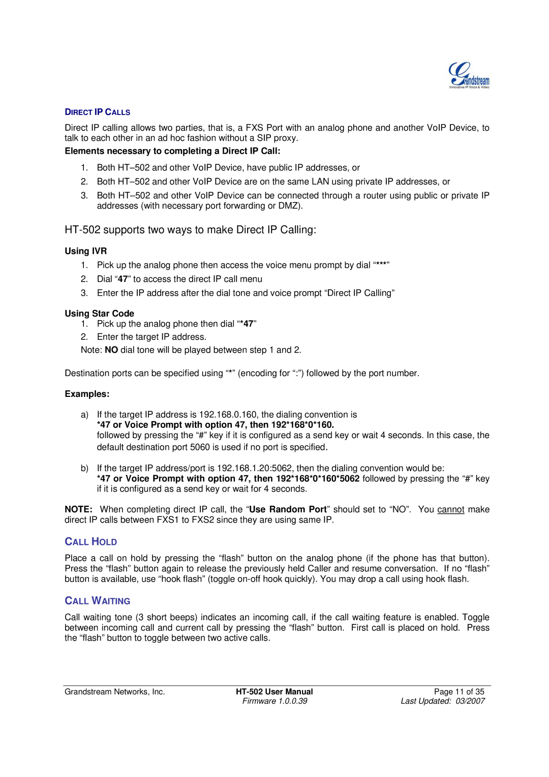 Grandstream Networks HT-502 user manual Elements necessary to completing a Direct IP Call, Using IVR, Using Star Code 