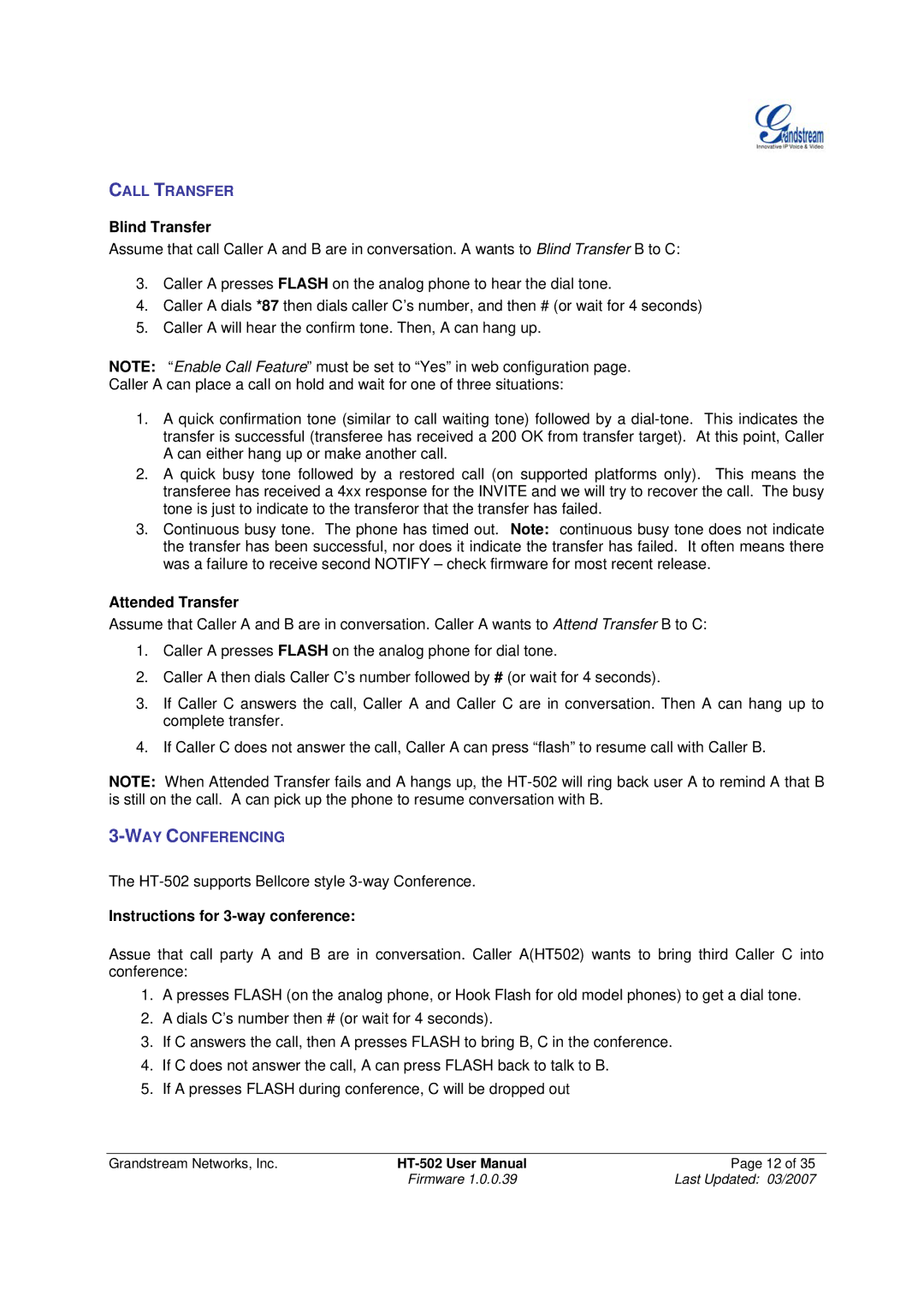 Grandstream Networks HT-502 user manual Blind Transfer, Attended Transfer, Instructions for 3-way conference 