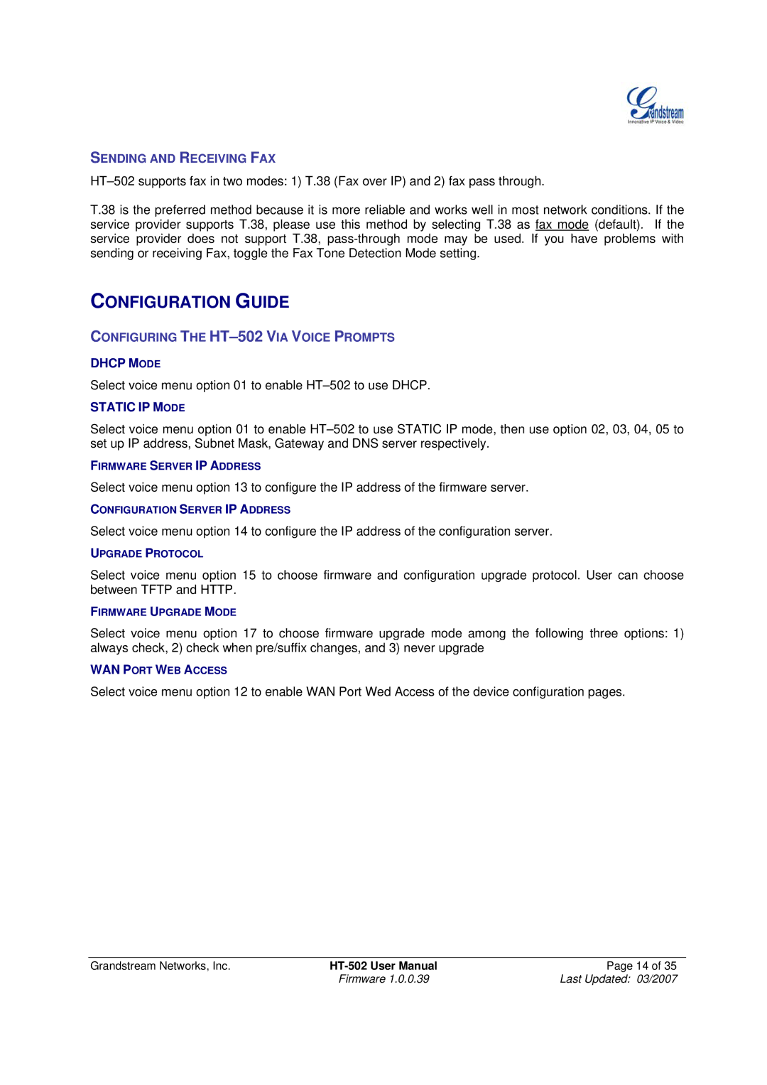 Grandstream Networks HT-502 user manual Configuration Guide, Static IP Mode 