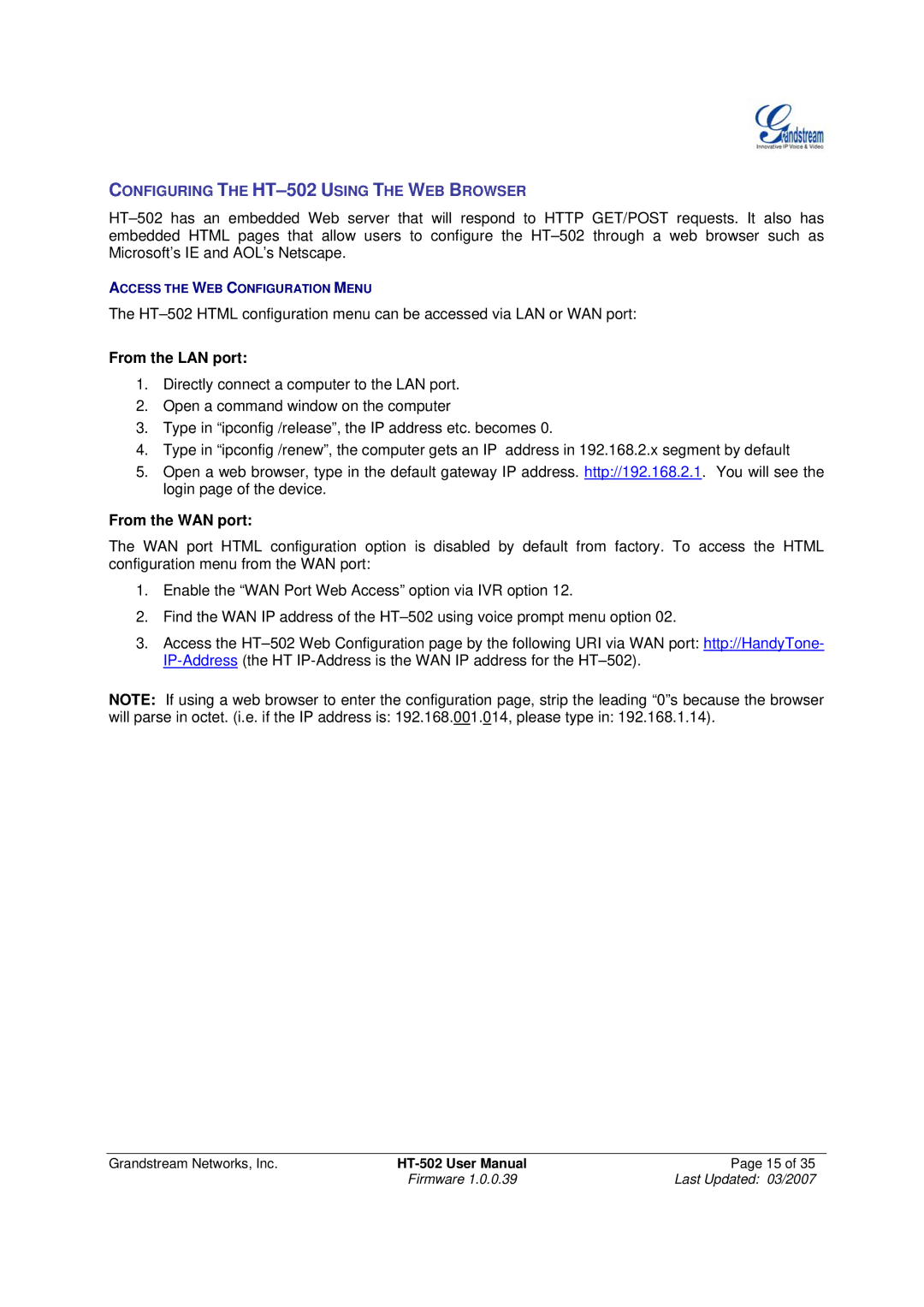 Grandstream Networks HT-502 user manual From the LAN port, From the WAN port 