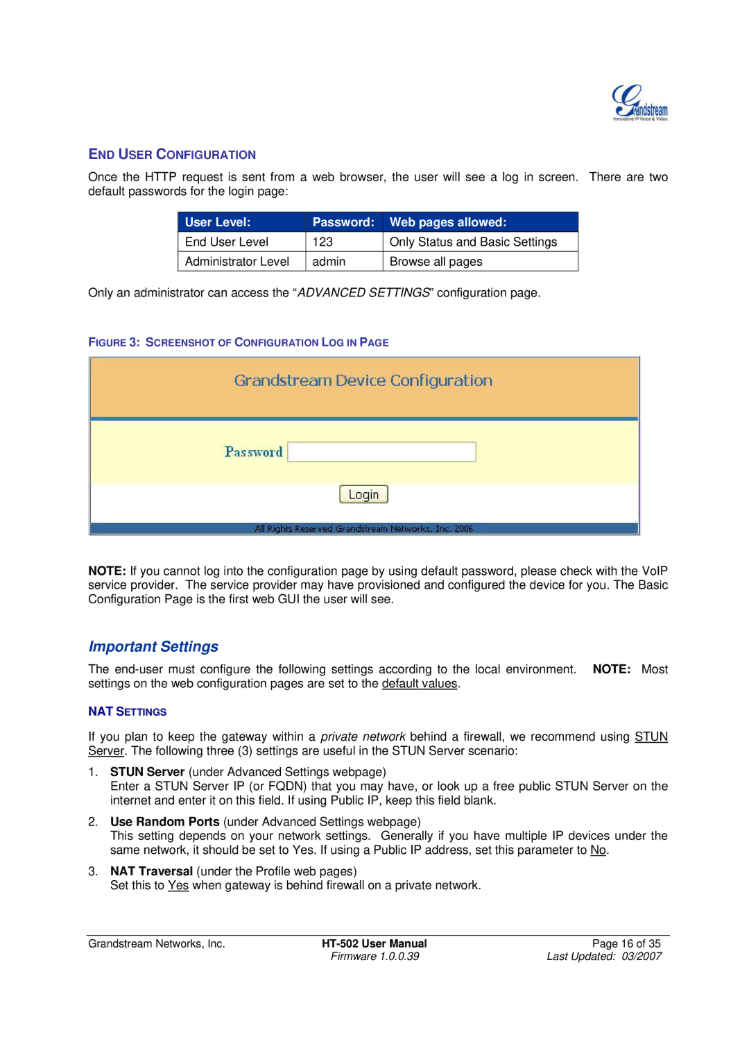 Grandstream Networks HT-502 user manual Important Settings 