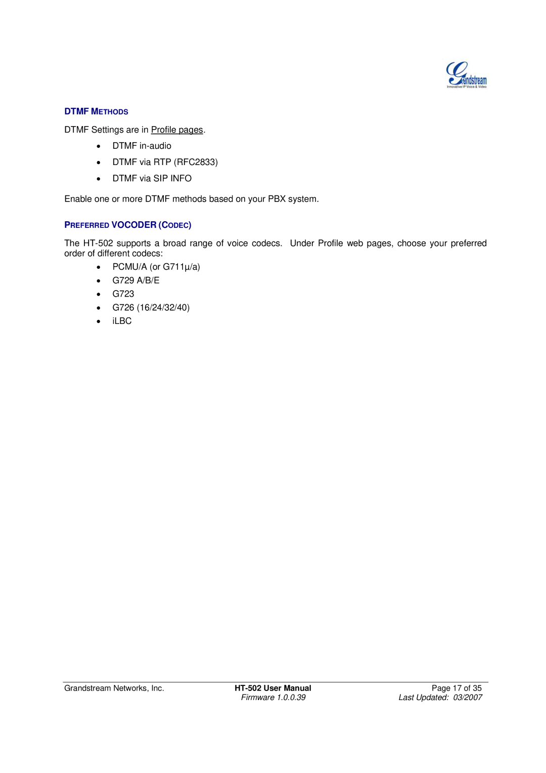 Grandstream Networks HT-502 user manual Dtmf Methods 