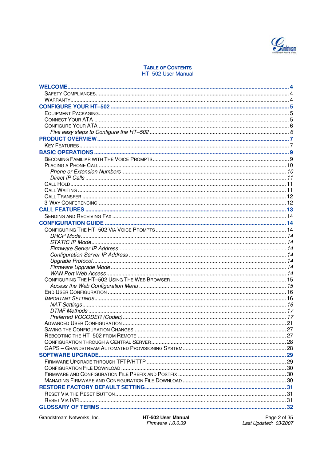 Grandstream Networks HT-502 user manual Dhcp Mode Static IP Mode 