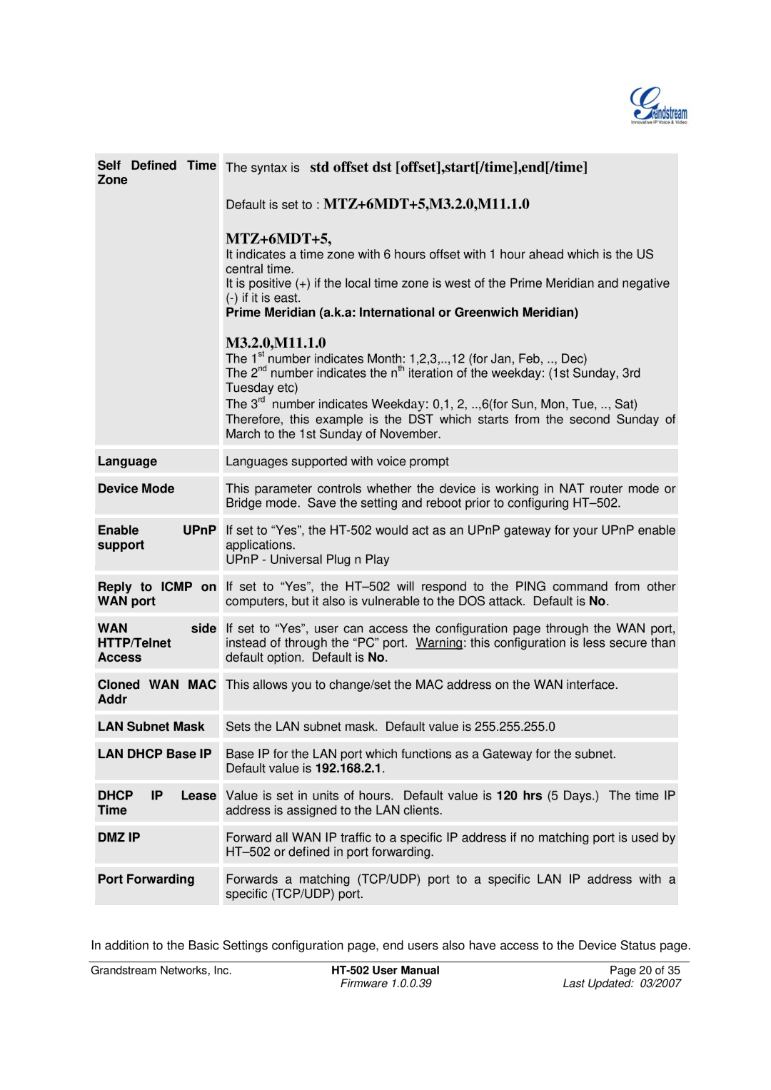 Grandstream Networks HT-502 user manual Dhcp, Dmz Ip 