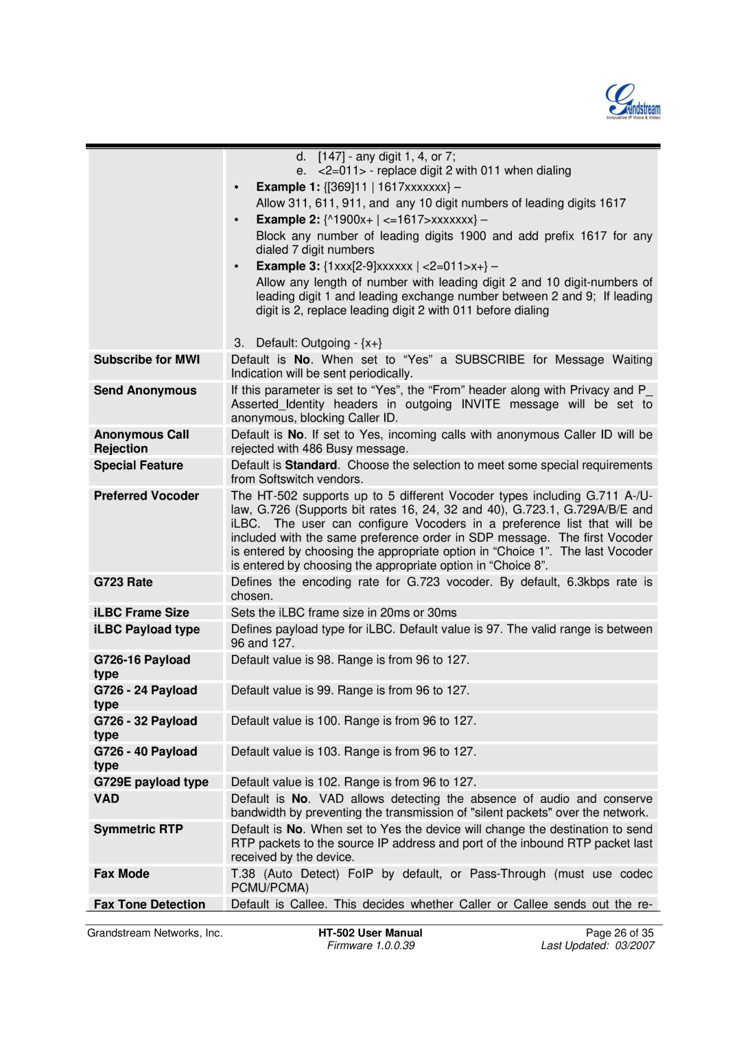 Grandstream Networks HT-502 user manual Vad 