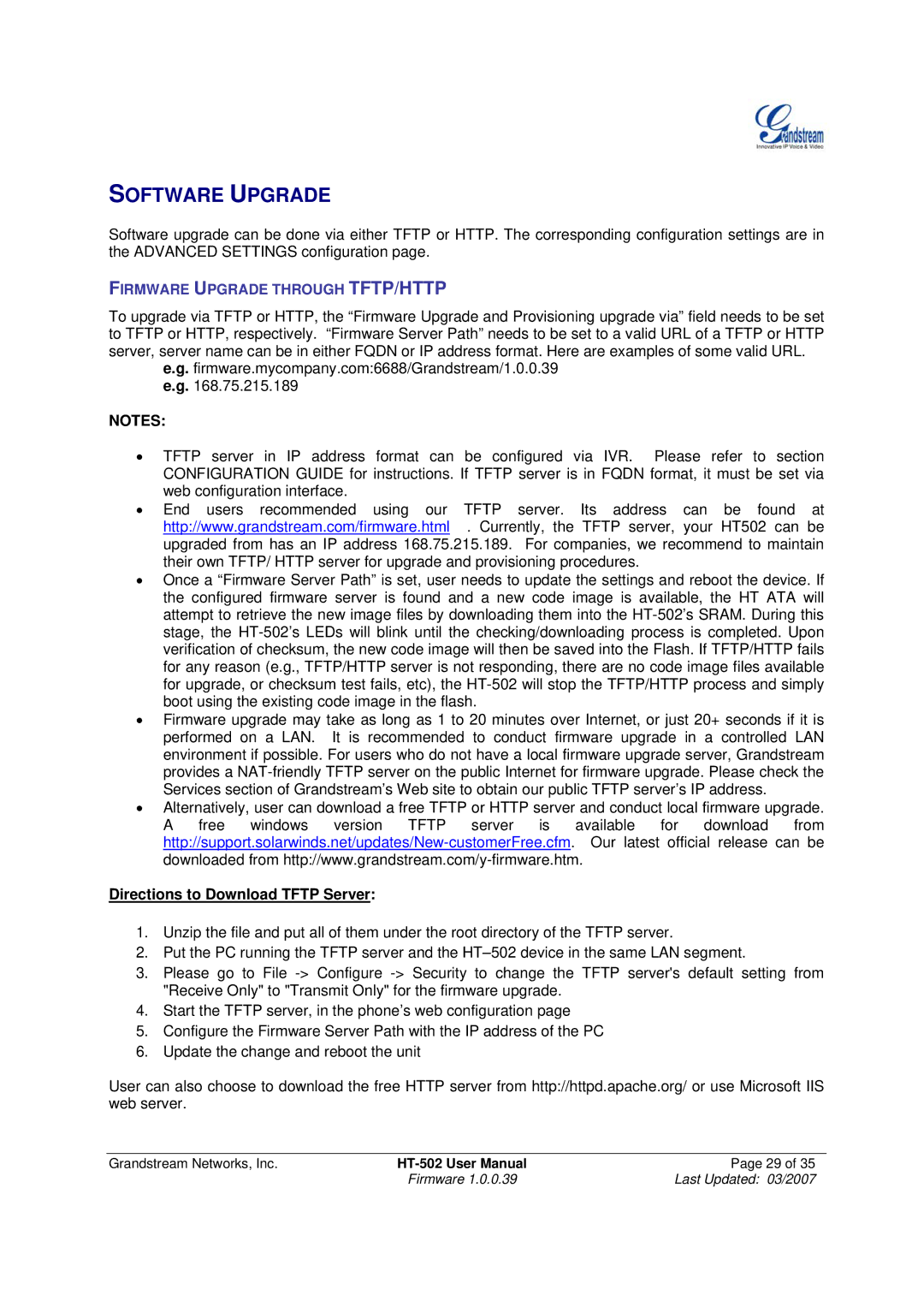 Grandstream Networks HT-502 user manual Software Upgrade, Directions to Download Tftp Server 