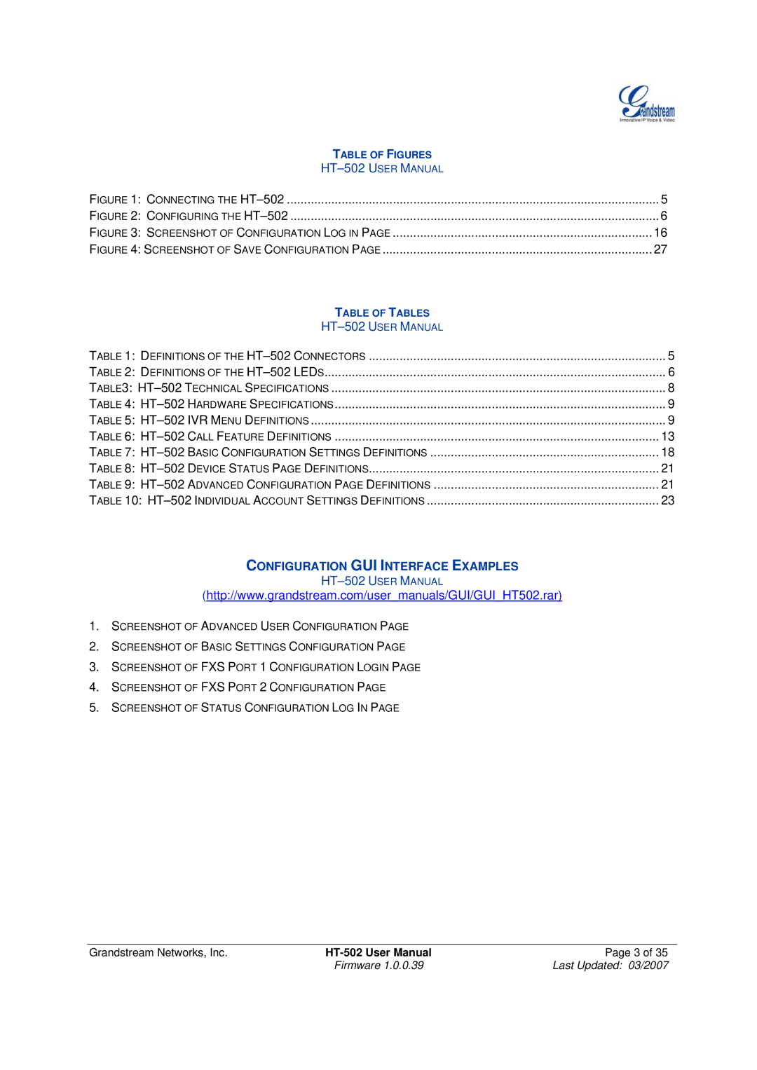 Grandstream Networks user manual HT-502 U SER M Anual 