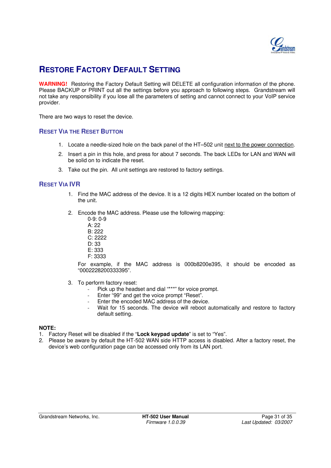 Grandstream Networks HT-502 user manual Restore Factory Default Setting 